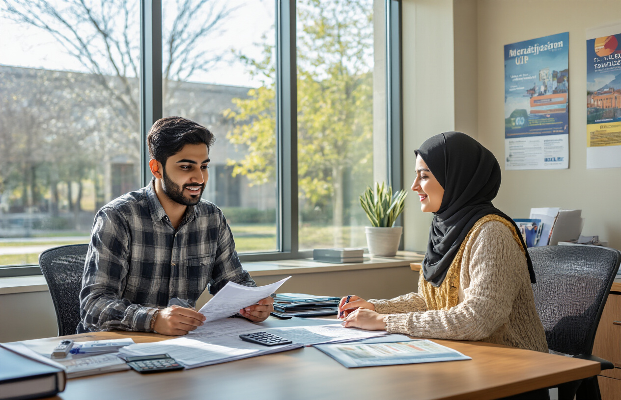 Create a realistic image of a modern university financial aid office with a Pakistani male student sitting across from a female counselor at a desk, discussing payment options with documents, calculators, and brochures spread on the desk, bright natural lighting from large windows, professional academic atmosphere, clean organized office setting with educational posters on walls, absolutely NO text should be in the scene.