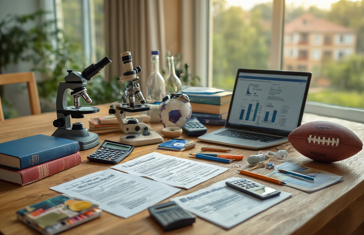 Create a realistic image of various university-related items and documents scattered on a wooden desk representing additional educational expenses, including textbooks, laboratory equipment like microscopes and calculators, a laptop computer, medical stethoscope, engineering tools, art supplies, sports equipment like a soccer ball, dormitory keys, meal cards, and official university documents with fee breakdowns, all arranged in an organized manner under warm natural lighting from a window, with a university campus visible in the blurred background, absolutely NO text should be in the scene.