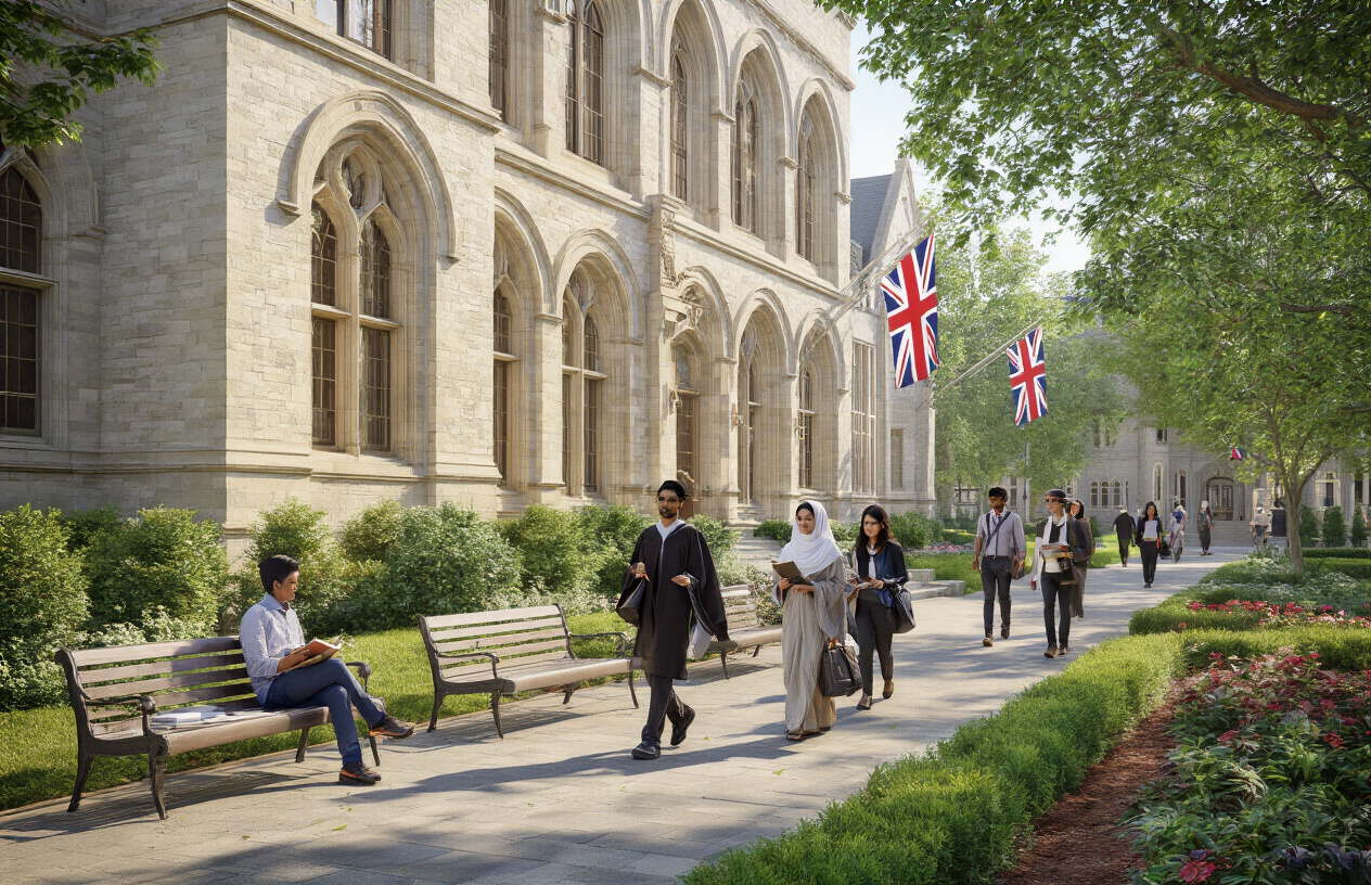 Create a realistic image of an elegant university academic building exterior with colonial architecture featuring arched windows and manicured gardens, with diverse students of different races (white, black, Asian) walking with books and laptops, graduation caps and diplomas subtly placed on outdoor benches, bright natural daylight creating a scholarly and prestigious atmosphere, with Pakistani and British flags visible in the background representing the institution's heritage, Absolutely NO text should be in the scene.
