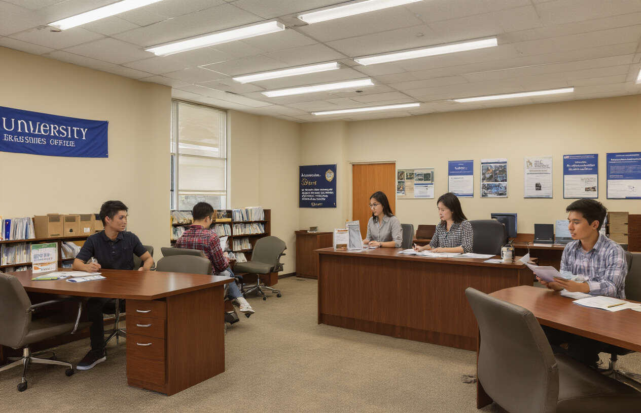 Create a realistic image of a modern university admissions office interior with polished wooden desks, comfortable chairs, and filing cabinets containing application documents, featuring a diverse group of prospective students including white and black males and females sitting and reviewing admission forms and brochures, with an admissions counselor (Asian female) explaining requirements at the main desk, warm fluorescent lighting creating a professional and welcoming atmosphere, with university banners and information boards visible on the walls in the background, absolutely NO text should be in the scene.