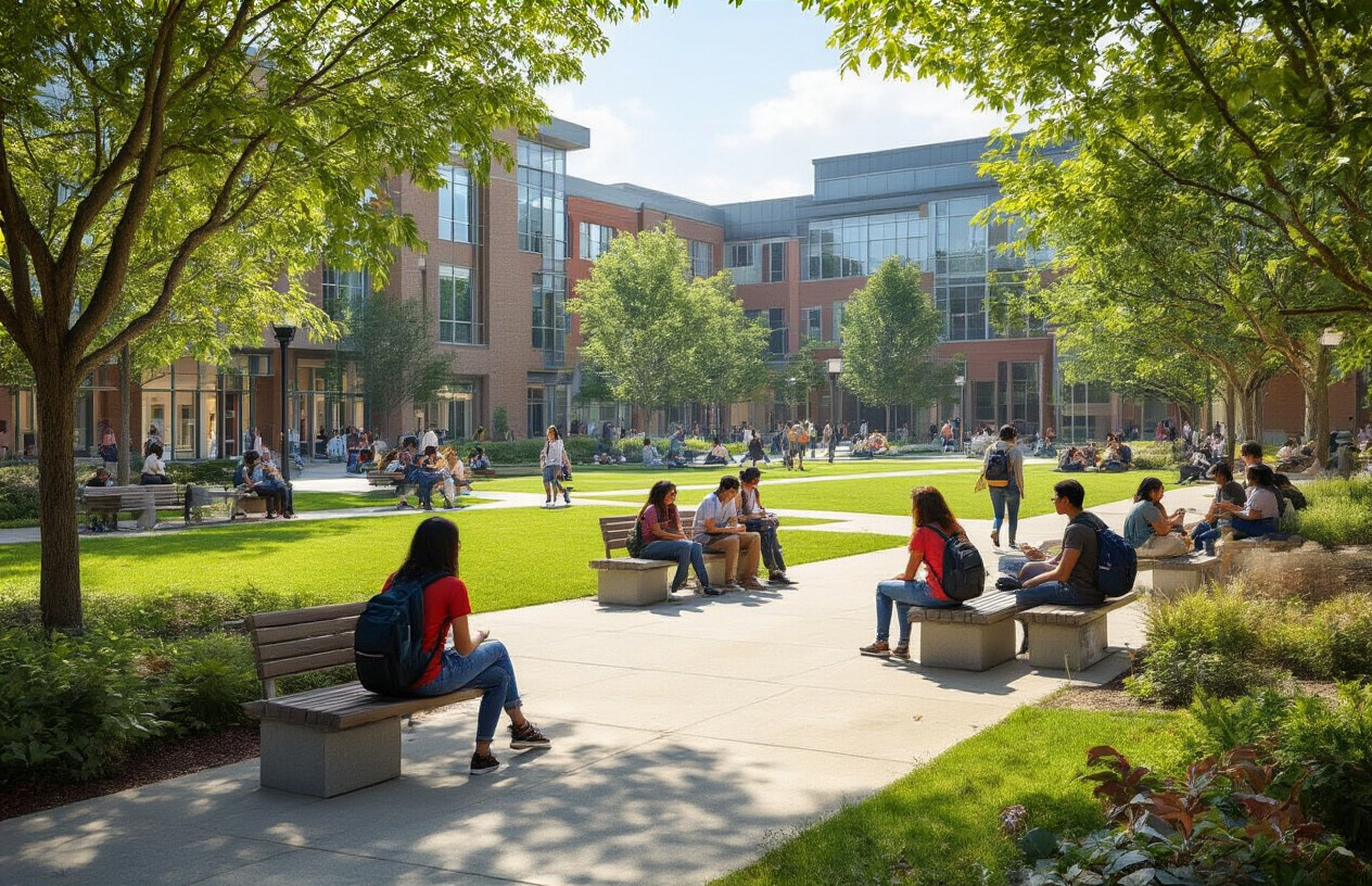 Create a realistic image of a vibrant college campus courtyard with modern academic buildings in the background, featuring diverse students of different races and genders walking, sitting on benches, and socializing in small groups, with well-maintained lawns, pathways, and trees creating a welcoming atmosphere, bright natural daylight illuminating the scene, showcasing a typical day of student life with backpacks and casual clothing, absolutely NO text should be in the scene.