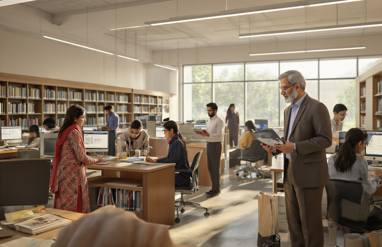 Create a realistic image of a modern academic setting at Queen Mary College Lahore showing diverse faculty members including white male and South Asian female professors in professional attire engaged in academic activities, with students receiving guidance at help desks, modern library facilities with computers and study areas in the background, academic resources and books visible, warm professional lighting creating a supportive learning environment, absolutely NO text should be in the scene.