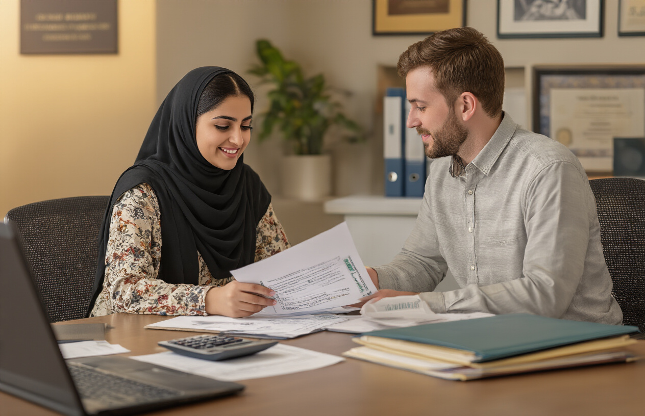 Create a realistic image of a modern university financial aid office with a Pakistani female student sitting at a desk across from a white male financial advisor reviewing scholarship documents and financial papers, with calculator, laptop, and folders on the desk, warm indoor lighting, professional academic atmosphere, university diplomas and certificates on the wall in background, absolutely NO text should be in the scene.