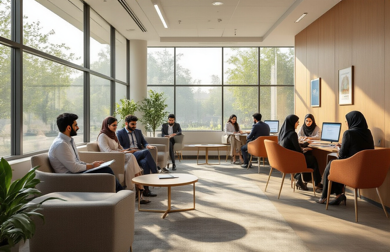 Create a realistic image of a modern career services office at Queen Mary College Lahore with diverse Pakistani male and female students and alumni in professional attire engaged in networking activities, featuring comfortable seating areas with contemporary furniture, career counseling desks, and networking spaces, with warm natural lighting streaming through large windows, creating an encouraging and professional atmosphere for career development and alumni connections, Absolutely NO text should be in the scene.