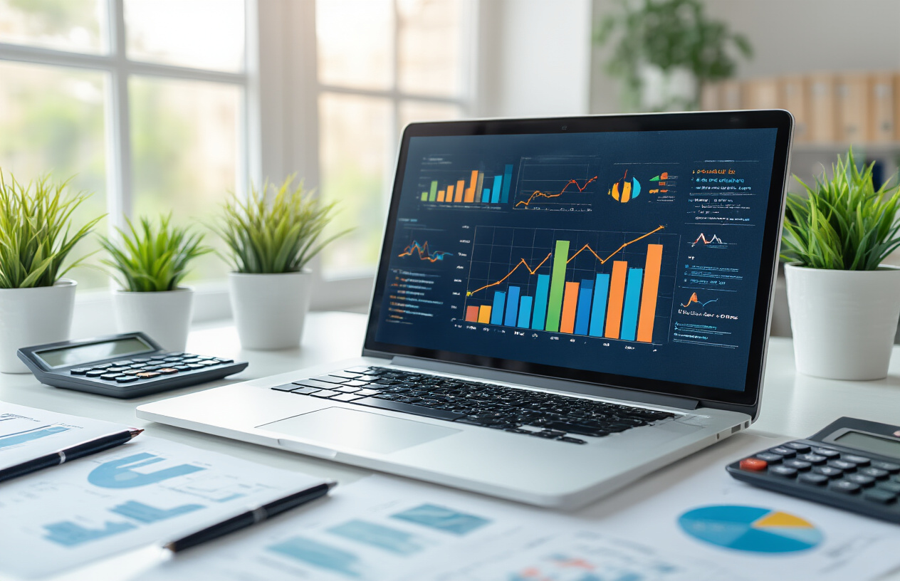 Create a realistic image of a modern office setting with a clean white desk featuring an open laptop displaying colorful upward-trending graphs and charts, surrounded by business growth symbols including small potted plants, a calculator, and scattered business documents, with a bright professional workspace background featuring natural lighting from a window, conveying success and digital marketing progress, absolutely NO text should be in the scene.