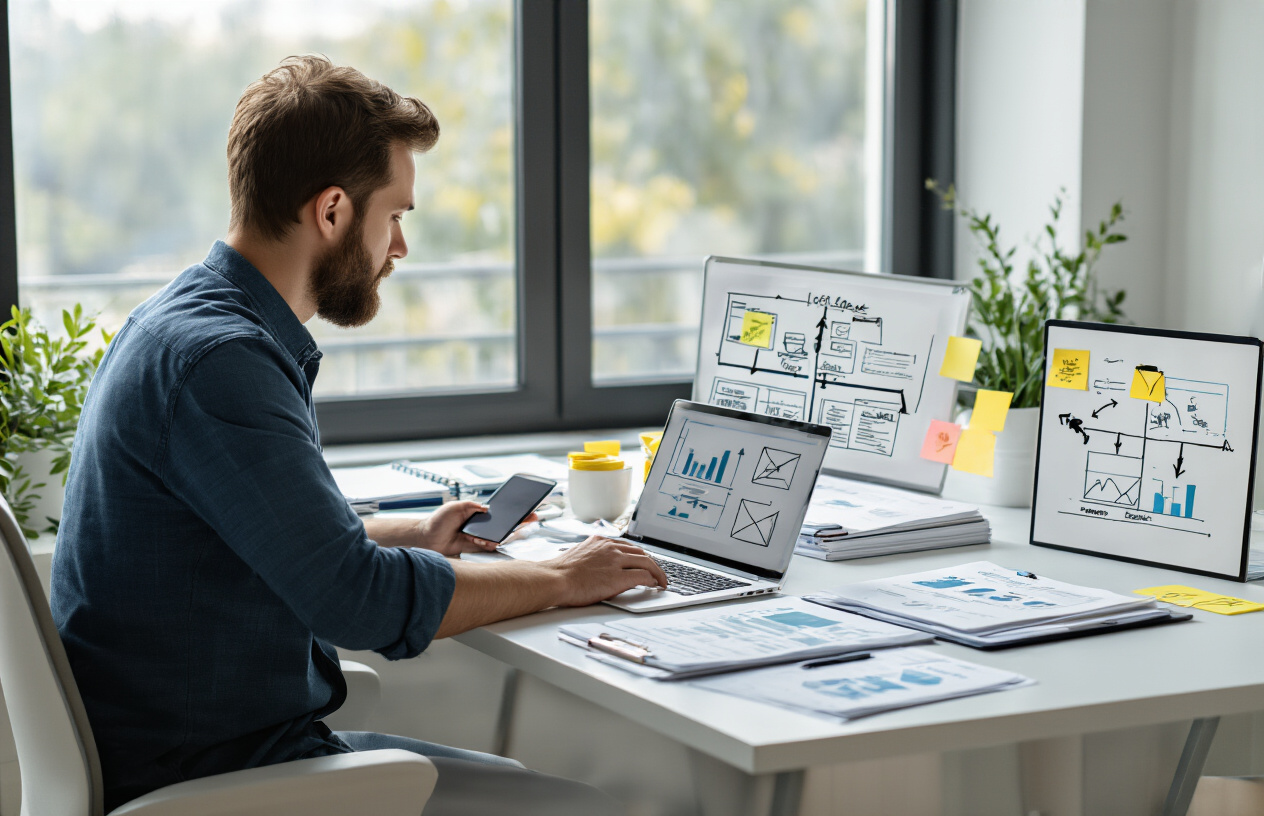 Create a realistic image of a modern office workspace showing a step-by-step workflow process with a white male professional sitting at a clean desk working on a laptop, multiple organized documents and notebooks spread across the desk in sequential order, sticky notes with arrows indicating process flow, a smartphone displaying email notifications nearby, natural daylight streaming through a window creating a productive atmosphere, the scene should convey systematic organization and professional digital marketing work, absolutely NO text should be in the scene.