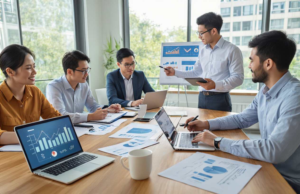 Create a realistic image of a diverse group of professionals working collaboratively at a modern office conference table with laptops, notebooks, and charts showing upward trending graphs and success metrics, surrounded by a bright, energetic workspace with natural lighting streaming through large windows, depicting focused teamwork and strategic planning for digital marketing success, with a white male in business casual attire pointing at analytics data on a tablet while a black female colleague takes notes and an Asian male reviews documents, all appearing engaged and motivated in their discussion about optimization strategies. Absolutely NO text should be in the scene.