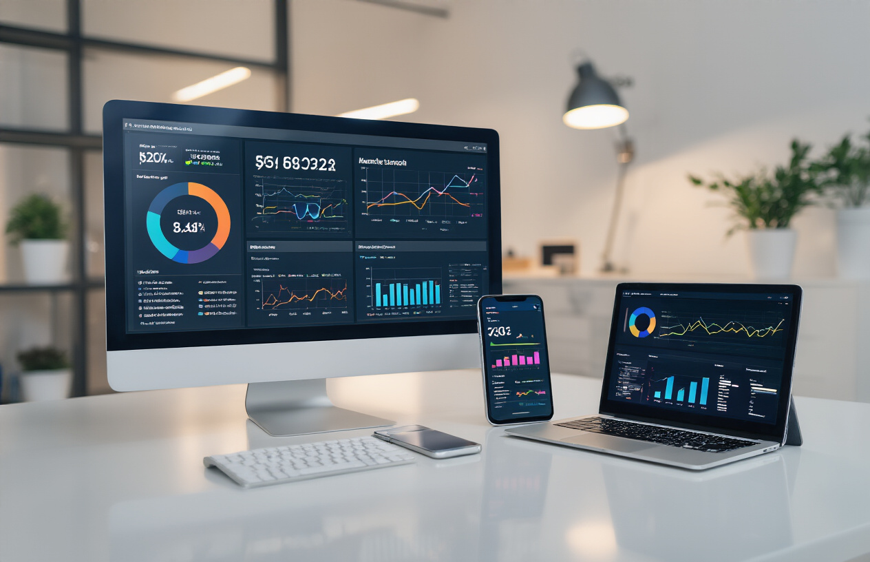 Create a realistic image of a modern office workspace with a computer monitor displaying colorful analytics dashboards and charts showing website traffic metrics, backlink tracking data, and performance graphs, with a smartphone and tablet nearby showing similar analytics interfaces, all arranged on a clean white desk with subtle reflections, professional lighting, and a minimalist background, focusing on the digital measurement tools and data visualization screens. Absolutely NO text should be in the scene.