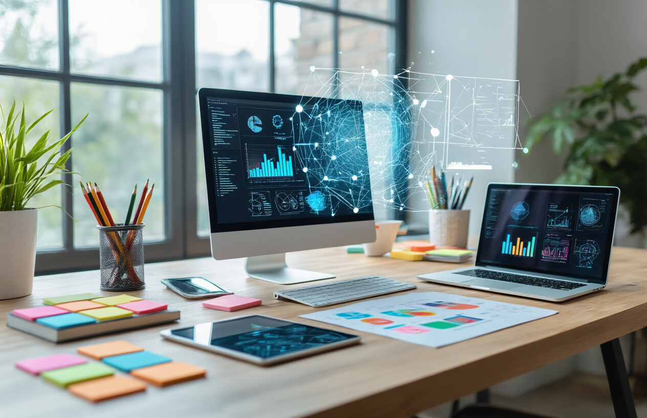 Create a realistic image of a modern office workspace with a sleek desk featuring both traditional creative tools like colorful sticky notes, sketches, and pencils alongside high-tech elements including a laptop displaying data visualizations, a tablet with digital design interface, and holographic projections showing interconnected nodes and creative concepts floating above the workspace, with soft natural lighting from a large window creating an innovative and thoughtful atmosphere that represents the intersection of human creativity and artificial intelligence in contemporary problem-solving, absolutely NO text should be in the scene.