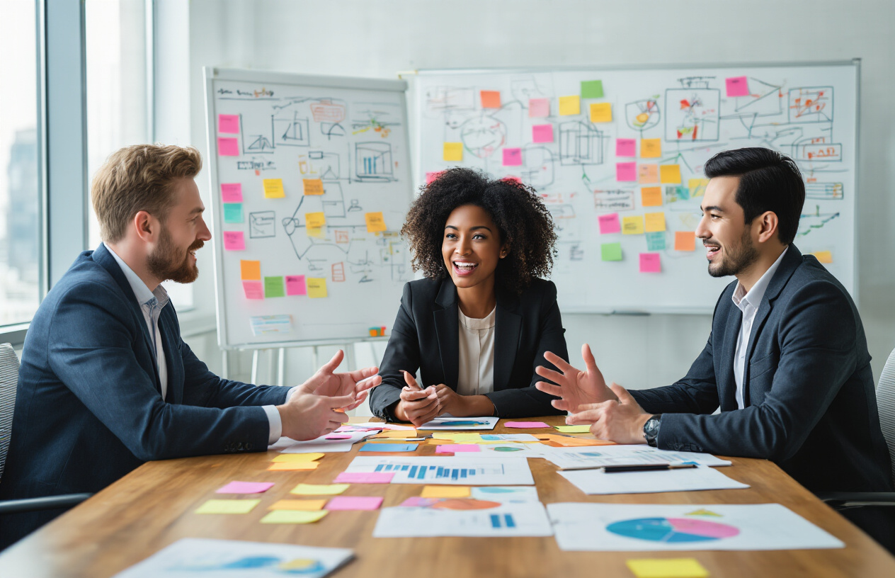 Create a realistic image of a diverse group of professionals including a white male, black female, and Asian male sitting around a modern conference table engaged in an animated brainstorming session, with colorful sticky notes, sketches, and mind maps scattered across the table, their faces showing enthusiasm and deep concentration, hands gesturing expressively as they collaborate, with a bright modern office setting featuring large windows with natural daylight streaming in, whiteboards filled with creative diagrams visible in the background, creating an atmosphere of innovative thinking and human collaboration, absolutely NO text should be in the scene.