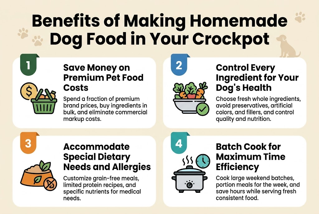 Create a full-bleed 3:2 infographic illustration in a clean modern style with a light cream background, dark green and warm orange accents, bold sans-serif typography, and clear visual hierarchy. Place a large bold title across the top center: "Benefits of Making Homemade Dog Food in Your Crockpot". Under the title, arrange four wide rounded-corner content blocks in a 2x2 grid across the page, each with a colored number badge, a simple icon, a bold section heading, and short supporting text.Top left block: green badge with "1", icon of a dollar sign and grocery basket. Heading: "Save Money on Premium Pet Food Costs". Supporting text: "Spend a fraction of premium brand prices, buy ingredients in bulk, and eliminate commercial markup costs."Top right block: blue badge with "2", icon of a fresh bowl with vegetables and a checkmark. Heading: "Control Every Ingredient for Your Dog's Health". Supporting text: "Choose fresh whole ingredients, avoid preservatives, artificial colors, and fillers, and control quality and nutrition."Bottom left block: orange badge with "3", icon of a dog bowl with a leaf and allergy symbol. Heading: "Accommodate Special Dietary Needs and Allergies". Supporting text: "Customize grain-free meals, limited protein recipes, and specific nutrients for medical needs."Bottom right block: teal badge with "4", icon of a crockpot with steam and a clock. Heading: "Batch Cook for Maximum Time Efficiency". Supporting text: "Cook large weekend batches, portion meals for the week, and save hours while serving fresh consistent food."Use subtle dog-themed details such as paw prints and a small dog silhouette near the title. Keep the layout wide, balanced, and easy to read, with icons aligned to the left of each heading and text. No photo background, no poster frame, no vertical stack.