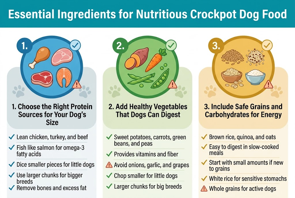 Create a clean, professional full-bleed infographic illustration in a 3:2 aspect ratio with a bright pet-care color palette of teal, green, warm orange, cream, and soft gray, using modern sans-serif fonts and strong visual hierarchy. Place a bold headline across the top: "Essential Ingredients for Nutritious Crockpot Dog Food". Use a wide horizontal layout with three evenly spaced content blocks across the center, each with a labeled header, a simple icon, and short bullet-style lines of text. Include subtle dog-themed details like paw prints and rounded shapes, but keep the design uncluttered and easy to read.Left section: a blue circular icon with a chicken drumstick, turkey slice, beef cut, and salmon fish icons. Header text: "1. Choose the Right Protein Sources for Your Dog's Size". Body text beneath in short lines:"Lean chicken, turkey, and beef""Fish like salmon for omega-3 fatty acids""Dice smaller pieces for little dogs""Use larger chunks for bigger breeds""Remove bones and excess fat"Center section: a green circular icon with sweet potato, carrot, green beans, and peas. Header text: "2. Add Healthy Vegetables That Dogs Can Digest". Body text beneath:"Sweet potatoes, carrots, green beans, and peas""Provides vitamins and fiber""Avoid onions, garlic, and grapes""Chop smaller for little dogs""Larger chunks for big breeds"Right section: a golden circular icon with brown rice, quinoa, oats, and a small bowl. Header text: "3. Include Safe Grains and Carbohydrates for Energy". Body text beneath:"Brown rice, quinoa, and oats""Easy to digest in slow-cooked meals""Start with small amounts if new to grains""White rice for sensitive stomachs""Whole grains for active dogs"Use clear numbered badges for each section, with simple checkmark accents for safe ingredients and small warning triangle icons near the toxic foods line. Keep all text crisp, aligned, and highly legible on a light background. Full-bleed composition, no poster frame, no inset border, no narrow vertical stack.