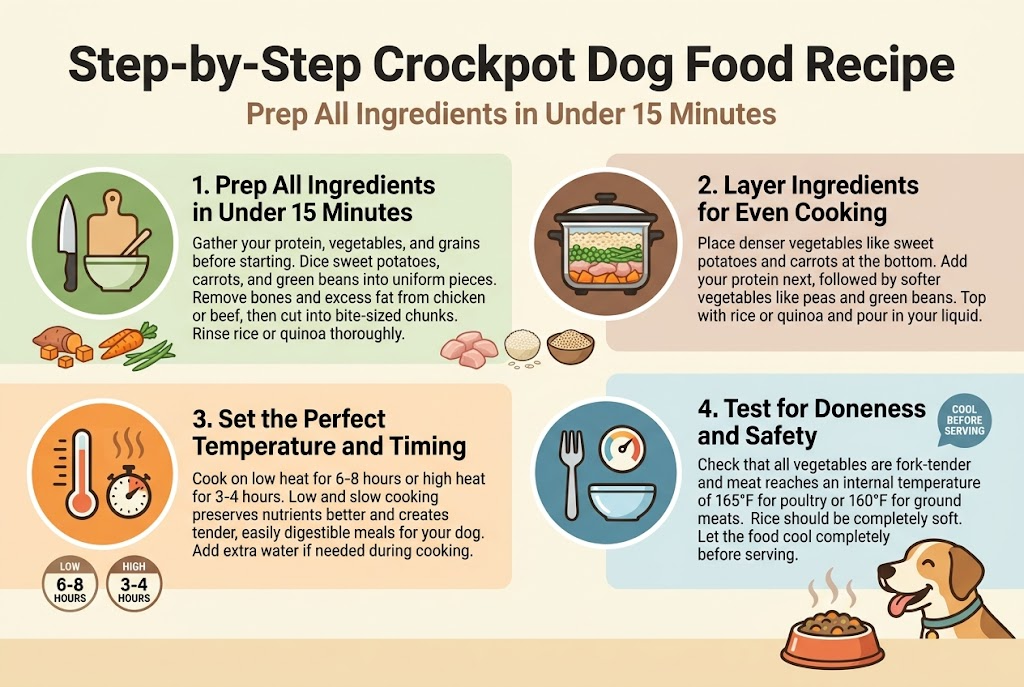 Create a clean, professional infographic illustration in a 3:2 aspect ratio with a full-bleed layout, wide horizontal composition, and no inset frame. Use a warm kitchen color palette of soft cream, muted orange, light green, brown, and dark charcoal accents. Use bold sans-serif typography for the heading and smaller readable sans-serif text for body copy.Top center: large bold title in dark charcoal text, "Step-by-Step Crockpot Dog Food Recipe". Directly beneath it, a smaller subtitle in muted brown text, "Prep All Ingredients in Under 15 Minutes".Below the title, organize the content into four wide horizontal sections across the page, each with a large numbered circle icon on the left and an illustrated food/cooking icon beside the text. Use clear visual hierarchy and balanced spacing.Section 1 on the upper left: a green circular icon with a knife, cutting board, and bowl. Heading text: "1. Prep All Ingredients in Under 15 Minutes". Body text: "Gather your protein, vegetables, and grains before starting. Dice sweet potatoes, carrots, and green beans into uniform pieces. Remove bones and excess fat from chicken or beef, then cut into bite-sized chunks. Rinse rice or quinoa thoroughly." Show small visual ingredients: diced sweet potatoes, carrots, green beans, chicken chunks, rice, and quinoa.Section 2 on the upper right: a brown circular icon with a crockpot showing layered ingredients. Heading text: "2. Layer Ingredients for Even Cooking". Body text: "Place denser vegetables like sweet potatoes and carrots at the bottom. Add your protein next, followed by softer vegetables like peas and green beans. Top with rice or quinoa and pour in your liquid." Show the crockpot cross-section with visible layers from bottom to top.Section 3 on the lower left: an orange circular icon with a thermometer, steam lines, and timer. Heading text: "3. Set the Perfect Temperature and Timing". Body text: "Cook on low heat for 6-8 hours or high heat for 3-4 hours. Low and slow cooking preserves nutrients better and creates tender, easily digestible meals for your dog. Add extra water if needed during cooking." Include small time badges reading "LOW 6-8 HOURS" and "HIGH 3-4 HOURS".Section 4 on the lower right: a blue circular icon with a fork, temperature gauge, and cooling bowl. Heading text: "4. Test for Doneness and Safety". Body text: "Check that all vegetables are fork-tender and meat reaches an internal temperature of 165ยฐF for poultry or 160ยฐF for ground meats. Rice should be completely soft. Let the food cool completely before serving." Add a small note badge reading "COOL BEFORE SERVING".Include subtle illustrated details of a happy dog near the bottom right looking toward a steaming bowl of finished dog food. Use clean divider lines or soft colored panels to separate sections. Keep the layout airy, legible, and infographic-style with consistent icon style and strong visual order.