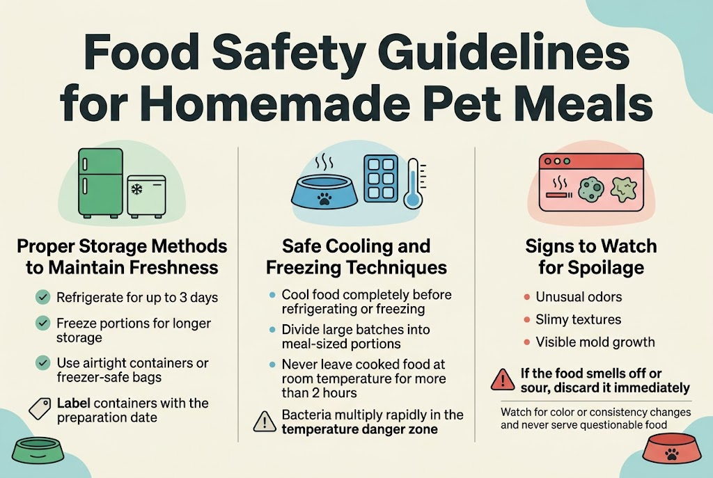 Create a clean, professional full-bleed infographic illustration in a 3:2 aspect ratio with a light cream background, teal and green accents, dark charcoal text, and soft rounded shapes. Use a wide horizontal layout with three equal sections across the canvas, each with a bold icon and clear text block. Place a large bold title at the top spanning the width: "Food Safety Guidelines for Homemade Pet Meals". Use a modern sans-serif font, strong hierarchy, and subtle divider lines between sections.Left section:A green refrigerator and freezer icon above the heading "Proper Storage Methods to Maintain Freshness". Under it, include three short bullet points with small check icons:"Refrigerate for up to 3 days""Freeze portions for longer storage""Use airtight containers or freezer-safe bags"Add a small label tag icon beside the line:"Label containers with the preparation date"Center section:A blue cooling bowl, ice cube tray, and thermometer icon above the heading "Safe Cooling and Freezing Techniques". Under it, include three short bullet points:"Cool food completely before refrigerating or freezing""Divide large batches into meal-sized portions""Never leave cooked food at room temperature for more than 2 hours"Add a small warning triangle icon next to:"Bacteria multiply rapidly in the temperature danger zone"Right section:A red spoilage alert icon with a sour smell line, mold spot, and slimy texture symbols above the heading "Signs to Watch for Spoilage". Under it, include three short bullet points:"Unusual odors""Slimy textures""Visible mold growth"Add a bold callout line at the bottom with a red warning icon:"If the food smells off or sour, discard it immediately"Include a final line beneath the bullets:"Watch for color or consistency changes and never serve questionable food"Use a balanced infographic style with clear spacing, rounded panels, and small pet-dish and dog bowl accents near the bottom edges. No border frame, no illustration beyond the infographic content.