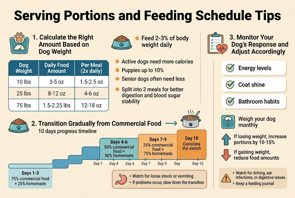 Create a clean, professional full-bleed infographic illustration in 3:2 aspect ratio with a warm pet-care palette of teal, blue, orange, and cream, using modern sans-serif fonts and bold visual hierarchy. Place a large bold title across the top: "Serving Portions and Feeding Schedule Tips". Layout: wide horizontal infographic with three main sections arranged left-to-right across the canvas, using clear blocks, icons, and a readable table. No poster frame, no inset margins, no narrow centered stack.Section 1 on the left: "1. Calculate the Right Amount Based on Dog Weight" with a paw-and-scale icon. Show a clean table with four rows and three columns labeled exactly: "Dog Weight", "Daily Food Amount", "Per Meal (2x daily)". Include these rows exactly:"10 lbs | 3-5 oz | 1.5-2.5 oz""25 lbs | 8-12 oz | 4-6 oz""50 lbs | 1-1.5 lbs | 8-12 oz""75 lbs | 1.5-2.25 lbs | 12-18 oz"Above or beside the table, add short bullet callouts with small icons: "Feed 2-3% of body weight daily""Active dogs need more calories""Puppies up to 10%""Senior dogs often need less""Split into 2 meals for better digestion and blood sugar stability"Section 2 in the center: "2. Transition Gradually from Commercial Food" with a kibble bowl to homemade crockpot bowl icon and a 10-day progress timeline. Show a horizontal stepped transition bar with four labeled stages and small day markers:"Days 1-3: 75% commercial food + 25% homemade""Days 4-6: 50% commercial food + 50% homemade""Days 7-9: 25% commercial food + 75% homemade""Day 10: Complete the switch"Add a warning box with a small stomach icon and the text:"Watch for loose stools or vomiting""If problems occur, slow down the transition"Section 3 on the right: "3. Monitor Your Dog's Response and Adjust Accordingly" with a clipboard and heartbeat/paw icon. Use three stacked monitoring cards with checkmark icons and short labels:"Energy levels""Coat shine""Bathroom habits"Below, add a monthly scale icon and the text:"Weigh your dog monthly"Then include two adjustment callouts with up/down arrows:"If losing weight, increase portions by 10-15%""If gaining weight, reduce food amounts"Add a final small note box with an allergy warning icon and the text:"Watch for itching, ear infections, or digestive issues""Keep a feeding journal"Use clear section headers, subtle dividing lines, rounded cards, and simple illustrative dog-food icons. Make all text crisp, legible, and correctly spelled. Full-color infographic style, balanced spacing, professional veterinary-pet nutrition aesthetic.