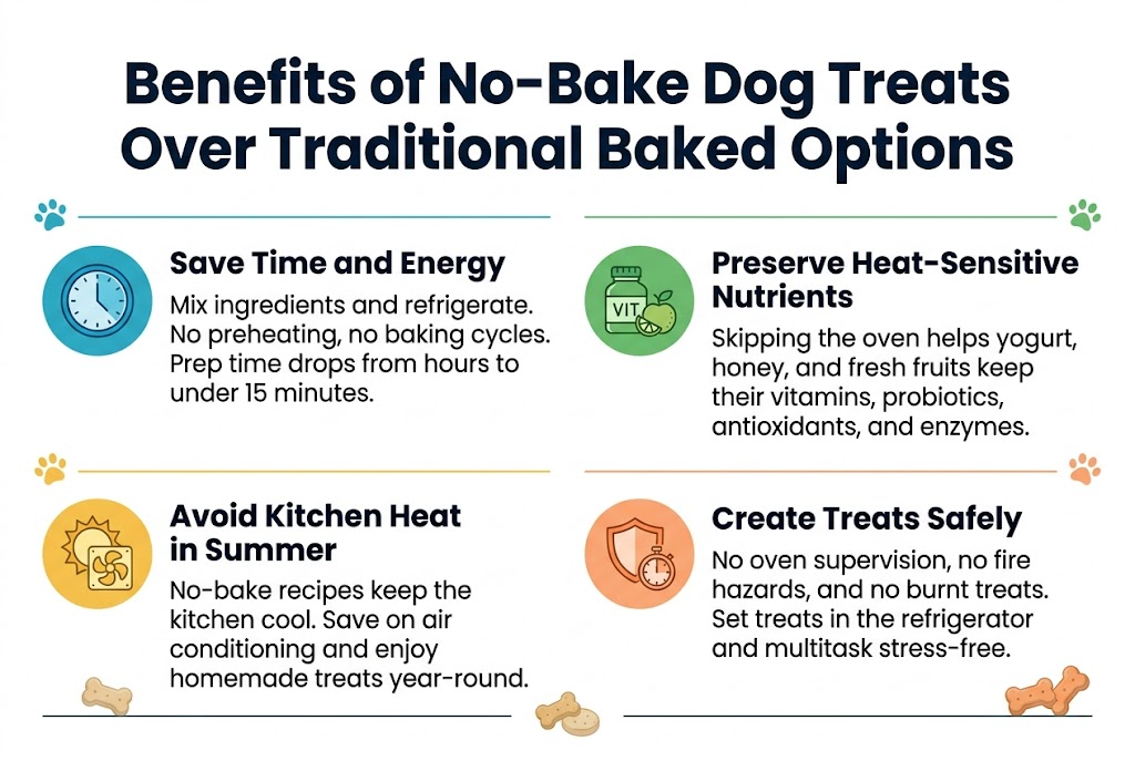 Create a clean, professional infographic in a 3:2 aspect ratio with a full-bleed layout and a wide horizontal composition, using a bright pet-friendly color palette of teal, green, warm yellow, and soft orange with dark navy text on a white background. Place a bold headline across the top center reading "Benefits of No-Bake Dog Treats Over Traditional Baked Options" in large modern sans-serif font. Below the title, arrange four equal horizontal feature blocks in a 2x2 grid across the main body, each with a colored circular icon on the left, a bold subheading, and 2โ3 short lines of body text.Top-left block: a blue clock icon and the subheading "Save Time and Energy" with text: "Mix ingredients and refrigerate. No preheating, no baking cycles. Prep time drops from hours to under 15 minutes."Top-right block: a green vitamin bottle and fruit icon and the subheading "Preserve Heat-Sensitive Nutrients" with text: "Skipping the oven helps yogurt, honey, and fresh fruits keep their vitamins, probiotics, antioxidants, and enzymes."Bottom-left block: a yellow sun and cooling fan icon and the subheading "Avoid Kitchen Heat in Summer" with text: "No-bake recipes keep the kitchen cool. Save on air conditioning and enjoy homemade treats year-round."Bottom-right block: an orange shield and kitchen timer icon and the subheading "Create Treats Safely" with text: "No oven supervision, no fire hazards, and no burnt treats. Set treats in the refrigerator and multitask stress-free."Add thin divider lines between blocks, small paw print accents near section corners, and subtle dog treat illustrations near the bottom edge. Keep typography highly legible, with the title largest, subheadings medium-bold, and body text smaller but clear. Use a balanced, airy layout with icons and text aligned neatly within each block.