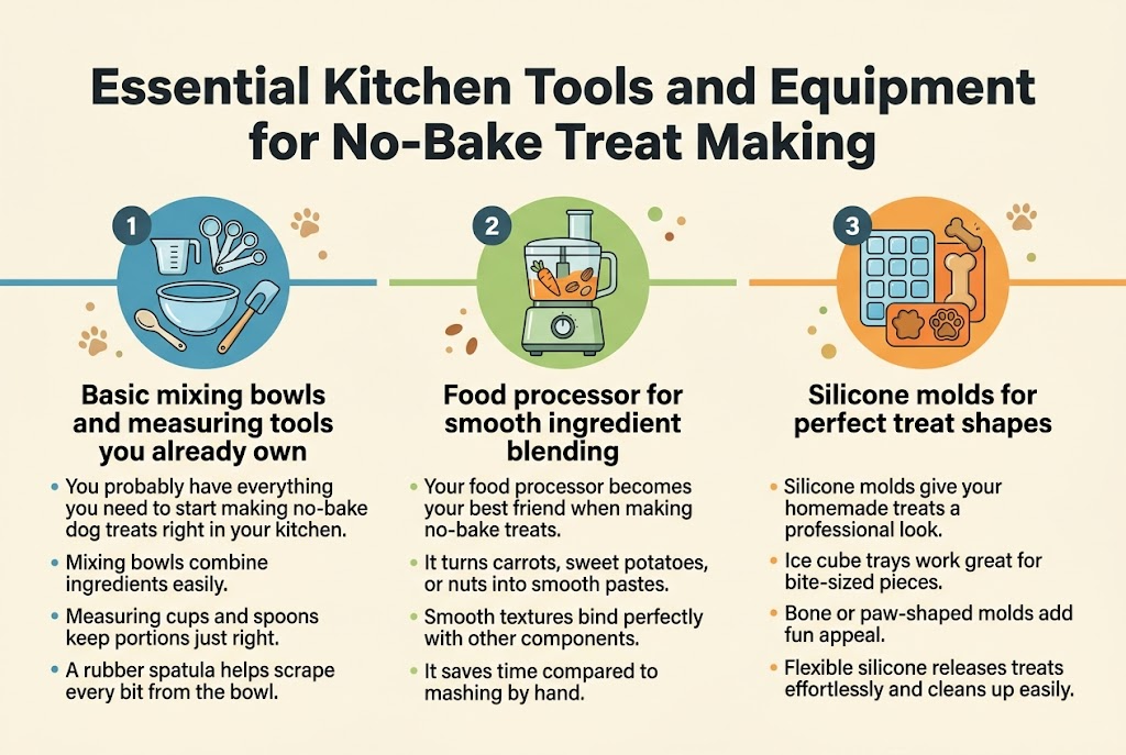 Create a clean professional infographic illustration in a 3:2 landscape aspect ratio with a full-bleed background, no frame, no inset margins, and a wide multi-section layout. Use a fresh kitchen-inspired color palette of soft cream, teal, light green, warm orange, and dark charcoal text. Use bold modern sans-serif typography. At the top center, place a large bold heading in dark charcoal text: "Essential Kitchen Tools and Equipment for No-Bake Treat Making"Below the heading, arrange three wide horizontal content blocks across the page from left to right, each with a numbered label, a large icon, a short subheading, and 2โ3 concise supporting lines.LEFT BLOCK:Place a blue circular icon of a mixing bowl, measuring cups, measuring spoons, and a rubber spatula.Number label: "1"Subheading: "Basic mixing bowls and measuring tools you already own"Body text:"You probably have everything you need to start making no-bake dog treats right in your kitchen.""Mixing bowls combine ingredients easily.""Measuring cups and spoons keep portions just right.""A rubber spatula helps scrape every bit from the bowl."CENTER BLOCK:Place a green circular icon of a food processor with blended carrot, sweet potato, and nut ingredients inside.Number label: "2"Subheading: "Food processor for smooth ingredient blending"Body text:"Your food processor becomes your best friend when making no-bake treats.""It turns carrots, sweet potatoes, or nuts into smooth pastes.""Smooth textures bind perfectly with other components.""It saves time compared to mashing by hand."RIGHT BLOCK:Place an orange circular icon of silicone molds showing ice cube trays, a bone shape, and a paw shape with treats popping out easily.Number label: "3"Subheading: "Silicone molds for perfect treat shapes"Body text:"Silicone molds give your homemade treats a professional look.""Ice cube trays work great for bite-sized pieces.""Bone or paw-shaped molds add fun appeal.""Flexible silicone releases treats effortlessly and cleans up easily."Use clear section dividers, subtle shadowing, and simple kitchen-themed accent graphics such as small paw prints and ingredient dots. Keep the layout balanced and wide, with each block occupying one-third of the canvas. Ensure all text is fully readable and neatly aligned.