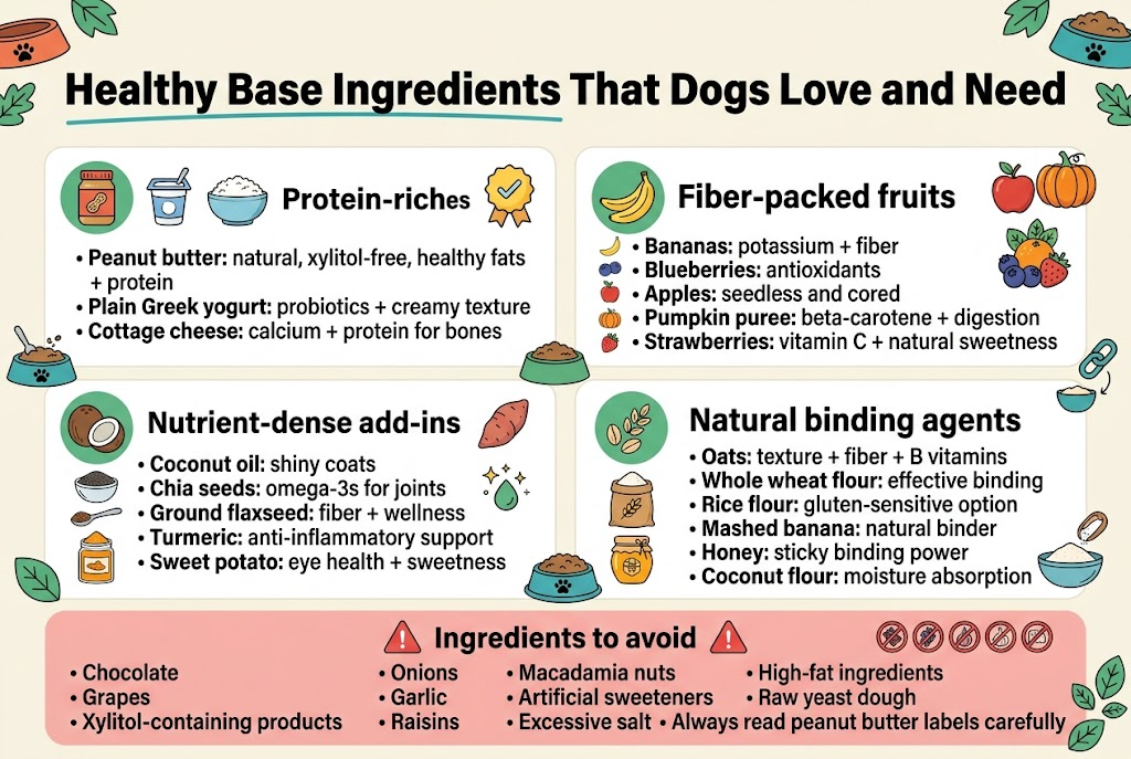 Create a clean, professional full-bleed infographic illustration in a 3:2 aspect ratio with a light cream background, teal and green accents, warm orange highlights, and dark charcoal text. Use bold modern sans-serif fonts with clear visual hierarchy. Place a large bold title across the top: "Healthy Base Ingredients That Dogs Love and Need". Use a wide horizontal layout with five clearly separated sections arranged in two rows, each section containing a colored icon, a bold subheading, and short bullet points. Include small dog-food themed illustrations, bowls, leaves, paw prints, and ingredient icons. Top center:- Large title in dark charcoal, bold, with a thin teal underline.Section 1 on upper left with a peanut butter jar, yogurt cup, and cottage cheese bowl icons:- Heading: "Protein-rich bases"- Bullets: โข "Peanut butter: natural, xylitol-free, healthy fats + protein" โข "Plain Greek yogurt: probiotics + creamy texture" โข "Cottage cheese: calcium + protein for bones"- Add a small yellow checkmark badge.Section 2 on upper middle-right with banana, blueberries, apple, pumpkin, and strawberry icons:- Heading: "Fiber-packed fruits"- Bullets: โข "Bananas: potassium + fiber" โข "Blueberries: antioxidants" โข "Apples: seedless and cored" โข "Pumpkin puree: beta-carotene + digestion" โข "Strawberries: vitamin C + natural sweetness"- Add a small fresh fruit icon cluster.Section 3 on lower left with coconut, chia seed bowl, flaxseed spoon, turmeric powder jar, and sweet potato icons:- Heading: "Nutrient-dense add-ins"- Bullets: โข "Coconut oil: shiny coats" โข "Chia seeds: omega-3s for joints" โข "Ground flaxseed: fiber + wellness" โข "Turmeric: anti-inflammatory support" โข "Sweet potato: eye health + sweetness"- Add a small sparkle/health icon.Section 4 on lower middle with oats, flour bag, banana mash, honey jar, and coconut flour icons:- Heading: "Natural binding agents"- Bullets: โข "Oats: texture + fiber + B vitamins" โข "Whole wheat flour: effective binding" โข "Rice flour: gluten-sensitive option" โข "Mashed banana: natural binder" โข "Honey: sticky binding power" โข "Coconut flour: moisture absorption"- Add a small chain-link or mixing bowl icon.Section 5 as a wide warning banner across the bottom in soft red with white text and caution symbols:- Heading: "Ingredients to avoid"- Bullets arranged in two columns: โข "Chocolate" โข "Grapes" โข "Raisins" โข "Xylitol-containing products" โข "Onions" โข "Garlic" โข "Macadamia nuts" โข "Artificial sweeteners" โข "Excessive salt" โข "High-fat ingredients" โข "Raw yeast dough" โข "Always read peanut butter labels carefully"- Add clear red warning triangles and a crossed-out icon row.Use clean dividers, rounded cards, and balanced spacing. Keep all text crisp and legible. No vertical poster layout; use wide multi-column sections with icons aligned left of each heading.