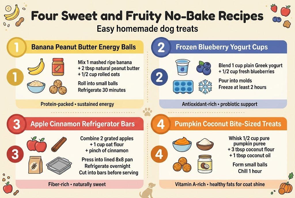 Create a full-bleed 3:2 infographic illustration with a clean modern pet-friendly design, warm pastel palette of banana yellow, blueberry blue, apple red, pumpkin orange, cream background, and dark charcoal text. Use bold sans-serif fonts with clear hierarchy.Top center headline in large bold text: "Four Sweet and Fruity No-Bake Recipes"Subtitle directly below in smaller text: "Easy homemade dog treats"Layout: a wide 2x2 grid of four horizontal recipe panels across the page, each panel with a colored header strip, a large numbered circle icon on the left, a simple ingredient illustration, and short step text. Use playful but professional flat vector icons, soft shadows, and clear spacing.Panel 1, top left, banana-yellow accents:Large number circle "1"Header text: "Banana Peanut Butter Energy Balls"Icons: banana, peanut butter jar, oats bowl, small dog treat ballsBody text:"Mix 1 mashed ripe banana""+ 2 tbsp natural peanut butter""+ 1/2 cup rolled oats""Roll into small balls""Refrigerate 30 minutes"Small footer line: "Protein-packed โข sustained energy"Panel 2, top right, blueberry-blue accents:Large number circle "2"Header text: "Frozen Blueberry Yogurt Cups"Icons: yogurt cup, blueberries, silicone mold, snowflakeBody text:"Blend 1 cup plain Greek yogurt""+ 1/2 cup fresh blueberries""Pour into molds""Freeze at least 2 hours"Small footer line: "Antioxidant-rich โข probiotic support"Panel 3, bottom left, apple-red accents:Large number circle "3"Header text: "Apple Cinnamon Refrigerator Bars"Icons: apples, cinnamon stick, oat flour bag, square bar trayBody text:"Combine 2 grated apples""+ 1 cup oat flour""+ pinch of cinnamon""Press into lined 8x8 pan""Refrigerate overnight""Cut into bars before serving"Small footer line: "Fiber-rich โข naturally sweet"Panel 4, bottom right, pumpkin-orange accents:Large number circle "4"Header text: "Pumpkin Coconut Bite-Sized Treats"Icons: pumpkin puree bowl, coconut flour, coconut oil jar, small treat ballsBody text:"Whisk 1/2 cup pure pumpkin puree""+ 3 tbsp coconut flour""+ 1 tbsp coconut oil""Form small balls""Chill 1 hour"Small footer line: "Vitamin A-rich โข healthy fats for coat shine"Include subtle paw-print dividers between panels, small decorative fruit and treat doodles in corners, and a small dog silhouette near the bottom center. Keep all text crisp, legible, and evenly aligned. No photo realism, no 3D, no clutter.