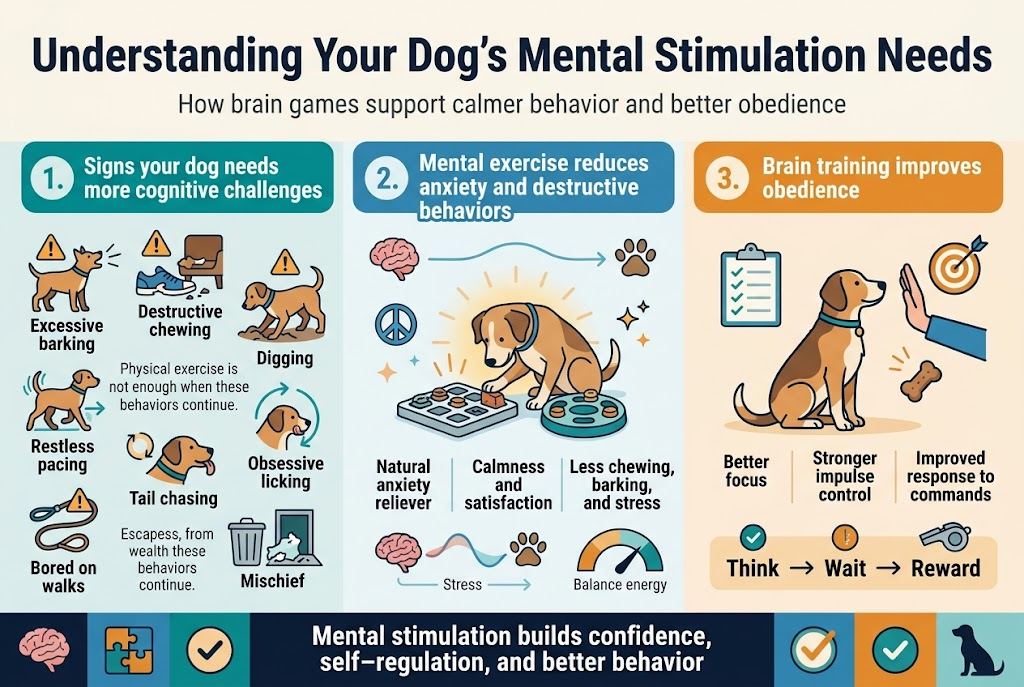 Create a clean, professional full-bleed infographic in a 3:2 aspect ratio about dog behavior and mental stimulation. Use a modern veterinary-style design with a light cream background, teal, blue, and warm orange accents, bold sans-serif fonts, clear hierarchy, and wide horizontal sections instead of a vertical poster layout.Top header across the full width:Large bold title in dark navy: "Understanding Your Dog's Mental Stimulation Needs"Small subtitle underneath in medium gray: "How brain games support calmer behavior and better obedience"Main body arranged in three wide horizontal panels or three side-by-side sections with numbered circles and icons.Section 1 on the left:Heading in bold teal: "1. Signs your dog needs more cognitive challenges"Include a cluster of small dog icons with warning symbols and labeled visual cues:- "Excessive barking" with a barking dog icon- "Destructive chewing" with a chewed shoe or furniture icon- "Digging" with a digging dog icon- "Restless pacing" with a looping walking path icon- "Tail chasing" with a circular motion icon- "Obsessive licking" with a licking dog icon- "Bored on walks" with a leash and dull expression icon- "Mischief" with trash can and escape hatch iconsUse short supporting text in a clean text box: "Physical exercise is not enough when these behaviors continue."Section 2 in the center:Heading in bold blue: "2. Mental exercise reduces anxiety and destructive behaviors"Show a calm dog with a puzzle feeder or brain game toy, surrounded by soft glow lines, a peace symbol, and small feel-good spark icons.Include three short text blocks or callouts:- "Natural anxiety reliever"- "Calmness and satisfaction"- "Less chewing, barking, and stress"Add a small brain icon and a paw icon connected by a smooth line.Use a gentle wave graphic or balanced energy meter to suggest stress turning into calm.Section 3 on the right:Heading in bold orange: "3. Brain training improves obedience"Show a focused dog sitting attentively beside a trainer hand signal, with a checklist, target icon, and reward treat icon.Include three short callouts:- "Better focus"- "Stronger impulse control"- "Improved response to commands"Add a simple arrow sequence showing "Think โ Wait โ Reward"Use a checkmark icon and a training whistle icon.Bottom strip across the full width:A concise concluding banner in dark navy with white text: "Mental stimulation builds confidence, self-regulation, and better behavior"Add small supporting icons along the bottom: brain, puzzle toy, checkmark, calm dog silhouette.Style details:Flat vector illustration, crisp lines, soft shadows, balanced spacing, strong visual hierarchy, no photo realism, no clutter, no narrow centered stack, readable infographic text, polished editorial layout.