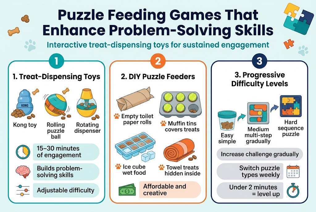 Create a full-bleed 3:2 horizontal infographic with a clean professional flat-vector style, bright pet-friendly colors (teal, orange, yellow, navy, white), modern sans-serif fonts, subtle shadows, and clear visual hierarchy.Top banner across the full width with a bold headline in large dark navy text: "Puzzle Feeding Games That Enhance Problem-Solving Skills". Add a small subtitle beneath in smaller teal text: "Interactive treat-dispensing toys for sustained engagement".Below the title, divide the layout into three wide horizontal sections or three side-by-side panels with rounded boxes and distinct color accents.Left panel: "1. Treat-Dispensing Toys"Include three illustrated dog puzzle toys with small treat icons:- a Kong toy stuffed with kibble- a rolling puzzle ball releasing treats- a rotating treat dispenserAdd a clock icon and a text callout: "15โ30 minutes of engagement"Add a small brain icon and a text callout: "Builds problem-solving skills"Add a slider/difficulty icon and text: "Adjustable difficulty"Center panel: "2. DIY Puzzle Feeders"Show four household-item illustrations with labels:- empty toilet paper roll with folded ends- muffin tin with tennis balls covering treats- ice cube tray with frozen wet food- rolled towel with treats hidden insideAdd a money-saving icon and text: "Affordable and creative"Add a paw-print icon beside each item labelRight panel: "3. Progressive Difficulty Levels"Show a simple progression graphic from left to right:- easy treat container- medium multi-step puzzle- hard sequence puzzleAdd a small progress arrow between each stageInclude these text callouts:"Start simple""Increase challenge gradually""Switch puzzle types weekly""Under 2 minutes = level up"Add a small calendar icon next to "Switch puzzle types weekly" and a stopwatch icon next to "Under 2 minutes = level up"Use clear numbered markers "1", "2", "3" at the top of each panel. Include dog-themed decorative icons like paw prints, treats, and puzzle pieces in the background. Keep all text large, readable, and well spaced, with the sections aligned horizontally across the canvas.