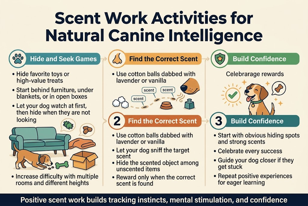 Create a clean professional infographic illustration in a 3:2 aspect ratio, full-bleed layout with no poster frame, using a wide horizontal composition. Use a modern sans-serif font with strong hierarchy, dark navy text on a light cream background, with accents in teal, warm orange, and green.Top center: large bold heading text: โScent Work Activities for Natural Canine IntelligenceโBelow the title, arrange three wide horizontal sections across the page or in a 3-column layout with clear spacing, each section with a colored header bar, a numbered circle icon, and a simple flat illustration.Section 1 on the left:Numbered circle โ1โ with a paw print icon.Header text: โHide and Seek GamesโSubtext bullets:โHide favorite toys or high-value treatsโโStart behind furniture, under blankets, or in open boxesโโLet your dog watch at first, then hide when they are not lookingโโIncrease difficulty with multiple rooms and different heightsโInclude a cartoon dog sniffing near a couch, blanket, and open box, with a toy and treat icons.Section 2 in the center:Numbered circle โ2โ with a nose or scent swirl icon.Header text: โFind the Correct ScentโSubtext bullets:โUse cotton balls dabbed with lavender or vanillaโโLet your dog sniff the target scentโโHide the scented object among unscented itemsโโReward only when the correct scent is foundโInclude small cotton balls, scent labels, and a dog nose tracking a trail between several objects.Section 3 on the right:Numbered circle โ3โ with a star and shield icon.Header text: โBuild ConfidenceโSubtext bullets:โStart with obvious hiding spots and strong scentsโโCelebrate every successโโGuide your dog closer if they get stuckโโRepeat positive experiences for eager learningโInclude a happy dog with a glowing checkmark, treat reward, and encouraging sparkles.Add a slim bottom banner spanning the width with the concluding text:โPositive scent work builds tracking instincts, mental stimulation, and confidenceโUse subtle connecting arrows or flow lines from Section 1 to Section 2 to Section 3 to show progression from easy to advanced. Keep the layout airy, balanced, and visually organized, with crisp icons, simple dog illustrations, and clear readable text.