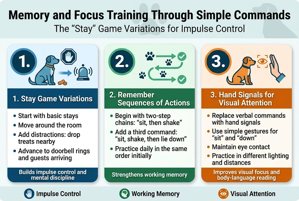 Create a clean professional full-bleed infographic illustration in 3:2 aspect ratio with a modern flat vector style, soft shadows, and a blue-green-orange color palette on a light off-white background.Top header across the full width: large bold title text, "Memory and Focus Training Through Simple Commands" with a smaller subtitle beneath it, "The 'Stay' Game Variations for Impulse Control". Add a subtle dog silhouette or paw-print motif behind the header.Below the header, arrange three wide horizontal sections in a 3-column layout from left to right, each in a rounded rectangle card with a bold numbered circle icon.LEFT CARD: blue theme, icon of a dog sitting with a stop hand symbol and a doorbell icon.Heading text: "1. Stay Game Variations"Body text in short lines:"Start with basic stays""Move around the room""Add distractions: drop treats nearby""Advance to doorbell rings and guests arriving"Small caption strip at bottom: "Builds impulse control and mental discipline"CENTER CARD: green theme, icon of a sequence path with paw prints and checkmarks.Heading text: "2. Remember Sequences of Actions"Body text in short lines:"Begin with two-step chains: 'sit, then shake'""Add a third command: 'sit, shake, then lie down'""Practice daily in the same order initially"Small caption strip at bottom: "Strengthens working memory"RIGHT CARD: orange theme, icon of a dog facing a hand signal with eye focus lines.Heading text: "3. Hand Signals for Visual Attention"Body text in short lines:"Replace verbal commands with hand signals""Use simple gestures for 'sit' and 'down'""Maintain eye contact""Practice in different lighting and distances"Small caption strip at bottom: "Improves visual focus and body-language reading"Add a slim bottom band spanning the full width with three small icon callouts and labels:"Impulse Control""Working Memory""Visual Attention"Use bold sans-serif fonts for headings, smaller readable sans-serif for body text, strong contrast, clean spacing, and clear hierarchy. Include simple dog training visuals, arrows, checkmarks, treats, doorbell, hand gesture, and eye focus symbols. Keep all text crisp and legible.