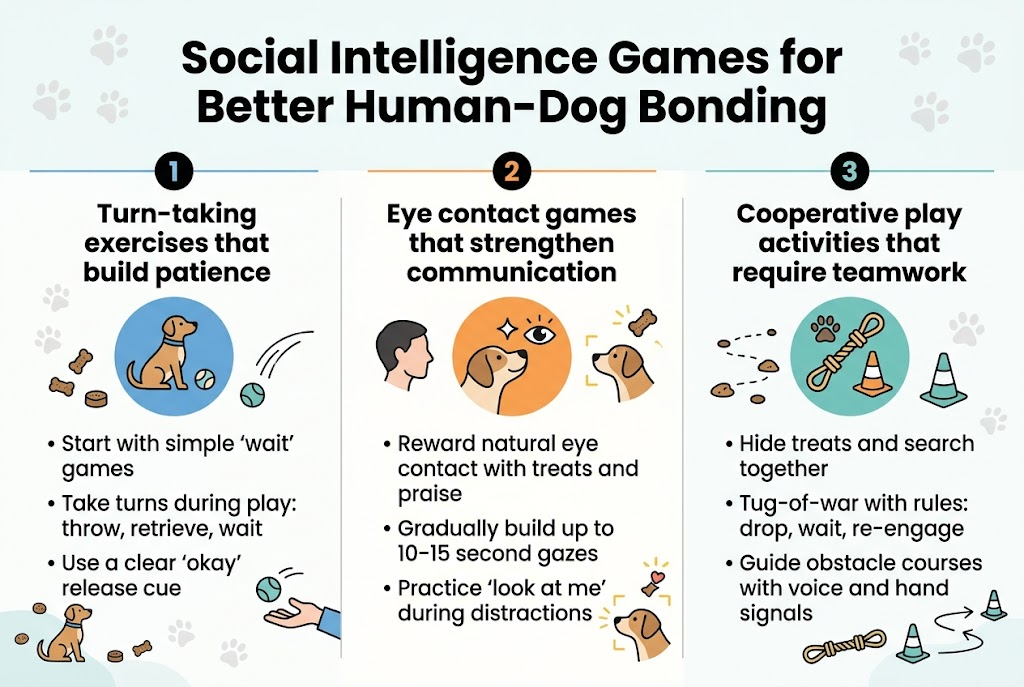 Create a clean, professional full-bleed infographic in 3:2 aspect ratio with a bright, friendly pet-training style. Use a wide horizontal layout with three equal columns or three large stacked horizontal panels across the page, not a narrow vertical poster. Color palette: soft teal, warm orange, light blue, white, charcoal text, with subtle yellow accent highlights. Use modern sans-serif fonts with a bold headline and clear section headers.Top center large bold title text: "Social Intelligence Games for Better Human-Dog Bonding"Below the title, divide the infographic into 3 clearly separated sections with numbered circles and matching icons:1) Left section, header in bold: "Turn-taking exercises that build patience"Add a blue circular icon with a dog sitting beside a treat and a small ball.Include 3 short bullet lines:"โข Start with simple 'wait' games""โข Take turns during play: throw, retrieve, wait""โข Use a clear 'okay' release cue"Add small visual elements of treats placed around a sitting dog and a hand tossing a ball.2) Center section, header in bold: "Eye contact games that strengthen communication"Add an orange circular icon with a dog face looking up at a personโs eyes and a spark or heart symbol.Include 3 short bullet lines:"โข Reward natural eye contact with treats and praise""โข Gradually build up to 10โ15 second gazes""โข Practice 'look at me' during distractions"Add small visual elements of a person face silhouette and a dog making eye contact, with focus lines and treat icons.3) Right section, header in bold: "Cooperative play activities that require teamwork"Add a teal circular icon with a tug toy, paw print, and obstacle cone.Include 3 short bullet lines:"โข Hide treats and search together""โข Tug-of-war with rules: drop, wait, re-engage""โข Guide obstacle courses with voice and hand signals"Add small visual elements of a hide-and-seek treat trail, tug rope, and a simple obstacle course with cones and arrows.Use bold numbered markers 1, 2, 3 at the top of each section. Add thin divider lines between sections. Keep text large, readable, and neatly aligned. Use a balanced infographic composition with plenty of white space, clean icons, and subtle paw-print accents in the background.