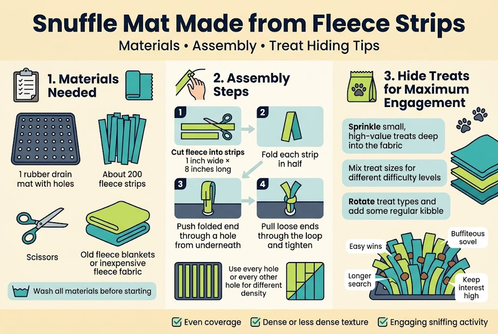Create a clean full-bleed infographic in a 3:2 aspect ratio with a bright, friendly pet-craft style. Use a wide horizontal layout with three main sections across the page, modern sans-serif fonts, bold navy headings, teal and lime accents, soft cream background, and simple flat vector icons.Top header spanning the full width:Large bold title text: "Snuffle Mat Made from Fleece Strips"Subheading beneath in smaller text: "Materials โข Assembly โข Treat Hiding Tips"Left section with a clipboard icon and a fabric icon:Heading text: "1. Materials Needed"Show illustrated items labeled with short callouts:- "1 rubber drain mat with holes"- "About 200 fleece strips"- "Scissors"- "Old fleece blankets or inexpensive fleece fabric"Small note bar with a wash icon and text: "Wash all materials before starting"Center section with a step-by-step visual sequence using 4 numbered panels and a hand-threading icon:Heading text: "2. Assembly Steps"Panel 1: "Cut fleece into strips" with text: "1 inch wide ร 8 inches long"Panel 2: "Fold each strip in half"Panel 3: "Push folded end through a hole from underneath"Panel 4: "Pull loose ends through the loop and tighten"Add a small coverage diagram showing strips filling a drain mat with text: "Use every hole or every other hole for different density"Include a subtle arrow flow from step 1 to step 4 and a corner-to-corner fill pattern illustrationRight section with a treat bag icon, paw prints, and layered fleece illustration:Heading text: "3. Hide Treats for Maximum Engagement"Use three stacked callout blocks:- "Sprinkle small, high-value treats deep into the fabric"- "Mix treat sizes for different difficulty levels"- "Rotate treat types and add some regular kibble"Add a close-up illustration of treats hidden between fleece strips, with small labels: "Easy wins", "Longer search", "Keep interest high"Bottom strip across the width:Include a small checklist with check icons:- "Even coverage"- "Dense or less dense texture"- "Engaging sniffing activity"Use clean icons, clear spacing, and a polished instructional infographic layout with no photo realism.