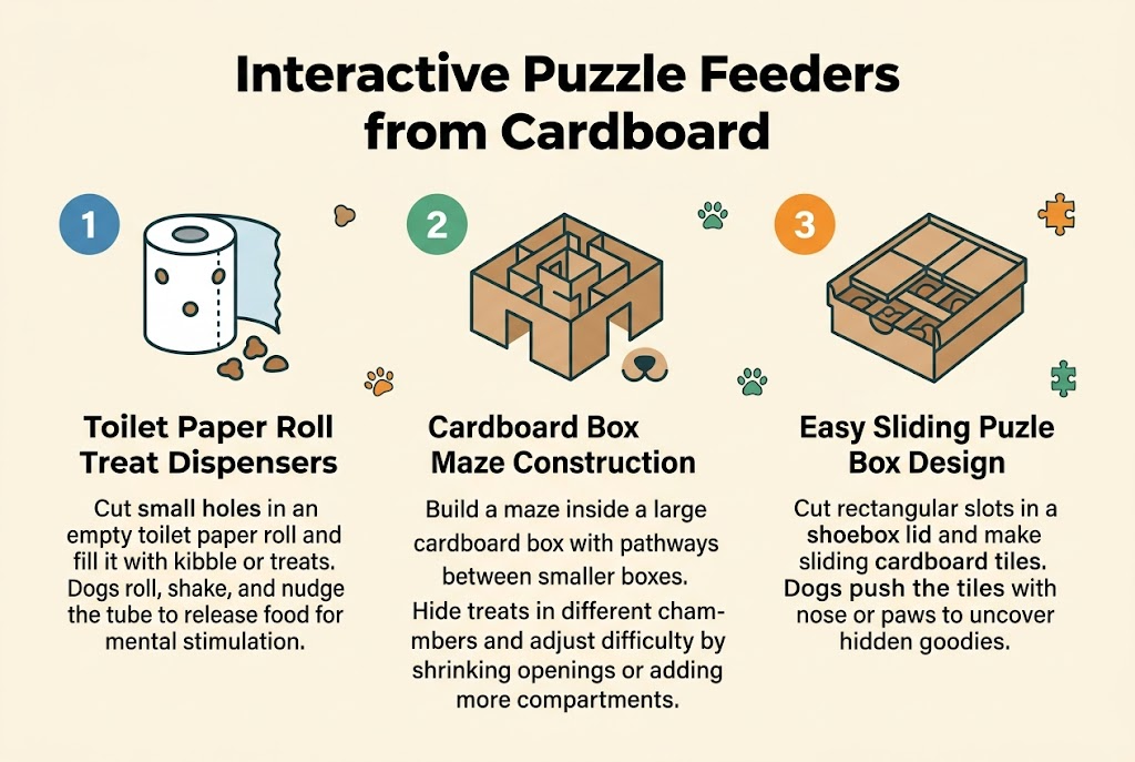 Aspect ratio 3:2, full-bleed clean professional infographic on a warm light cream background with teal, orange, and green accents, modern sans-serif fonts, bold title at top center: "Interactive Puzzle Feeders from Cardboard". Below the title, arrange three wide horizontal sections in a 3-column or stacked-card layout across the page, each with a numbered circle, a simple flat icon, a bold subheading, and short body text.Section 1 on the left: a blue circular number badge "1" and a toilet paper roll icon with small cutout holes and kibble pieces. Bold subheading text: "Toilet Paper Roll Treat Dispensers". Body text beneath: "Cut small holes in an empty toilet paper roll and fill it with kibble or treats. Dogs roll, shake, and nudge the tube to release food for mental stimulation."Section 2 in the center: a green circular number badge "2" and a cardboard maze icon made from nested boxes and doorway cutouts with a small dog paw or nose icon near the maze. Bold subheading text: "Cardboard Box Maze Construction". Body text beneath: "Build a maze inside a large cardboard box with pathways between smaller boxes. Hide treats in different chambers and adjust difficulty by shrinking openings or adding more compartments."Section 3 on the right: an orange circular number badge "3" and a shoebox sliding puzzle icon with cardboard tiles partially open to reveal treat compartments underneath. Bold subheading text: "Easy Sliding Puzzle Box Design". Body text beneath: "Cut rectangular slots in a shoebox lid and make sliding cardboard tiles. Dogs push the tiles with their nose or paws to uncover hidden goodies."Add small treat, paw print, and puzzle-piece decorative symbols between sections, with clear visual hierarchy, crisp edges, and balanced spacing. No border frame, no inset poster look, no extra text.
