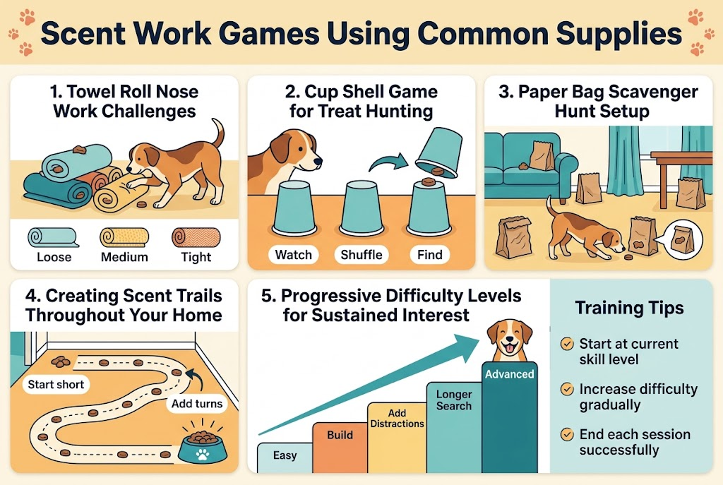 Create a clean, professional full-bleed infographic in a 3:2 aspect ratio about dog scent work games using common household supplies. Use a bright, friendly pet-training palette with teal, warm orange, soft yellow, navy text, and white background panels. Use modern sans-serif fonts with a bold headline and clear section labels. Layout should be wide and multi-column, not a vertical poster.Top full-width header across the page:Title text in large bold lettering: "Scent Work Games Using Common Supplies"Add small decorative paw-print accents and a subtle dog nose icon near the title.Main content in a 2-row, 3-column grid of illustrated blocks:1) Left top block:Heading: "1. Towel Roll Nose Work Challenges"Show rolled towels with treats hidden inside, a dog pawing and sniffing, and three small difficulty indicators labeled "Loose", "Medium", "Tight". Include towel texture variations.2) Center top block:Heading: "2. Cup Shell Game for Treat Hunting"Show three identical cups in a row, one cup lifted with a treat beneath, and a dog watching closely. Add a shuffle motion arrow between cups. Include small labels: "Watch", "Shuffle", "Find".3) Right top block:Heading: "3. Paper Bag Scavenger Hunt Setup"Show crumpled paper bags placed in different home spots: beside a sofa, near curtains, under a table. Include a dog sniffing the floor and a small treat peek icon in one bag.4) Left bottom block:Heading: "4. Creating Scent Trails Throughout Your Home"Show a winding dotted scent trail of treats across a floor path leading to a jackpot reward bowl. Add turns and a longer trail section. Include a small label: "Start short" and "Add turns".5) Center bottom block:Heading: "5. Progressive Difficulty Levels for Sustained Interest"Show a staircase or upward progression bar with five steps labeled: "Easy", "Build", "Add Distractions", "Longer Search", "Advanced". Include a happy dog icon at the end with a reward treat.Right bottom slim callout panel:Heading: "Training Tips"Use three bullet points with small check icons:"Start at current skill level""Increase difficulty gradually""End each session successfully"Use clean dividing lines, rounded cards, and strong visual hierarchy. Include small icons for towels, cups, paper bags, scent trail arrows, and a reward treat bowl. Keep all text crisp, legible, and exactly as written.