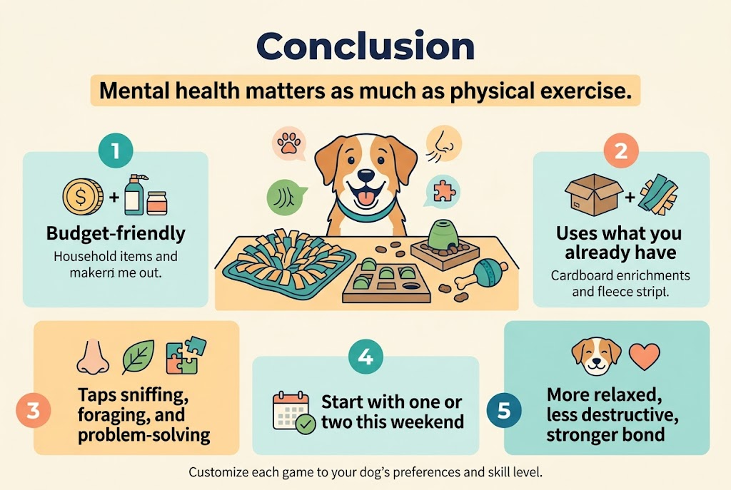Create a full-bleed 3:2 infographic illustration with a clean modern pet-care style, bright warm colors, and strong visual hierarchy. Use a light cream background with teal, soft orange, green, and navy accents. Use bold sans-serif typography for headings and clear readable sans-serif body text. Top center, place a large bold heading in navy text: "Conclusion"Directly below the heading, place a wide highlighted statement bar with the text: "Mental health matters as much as physical exercise."Center of the composition: a friendly happy dog illustration surrounded by simple DIY enrichment items on a tabletop, including a snuffle mat made of fleece strips, a cardboard puzzle feeder, and a treat-filled toy. Add small decorative icons of a paw print, nose/sniffing lines, and a puzzle piece around the dog.Across the lower half, organize five wide horizontal numbered blocks in a 2-row layout, each with a colored circle number icon and a matching simple symbol:1. "Budget-friendly" with a coin icon and household items2. "Uses what you already have" with a cardboard box and fleece strip icon3. "Taps sniffing, foraging, and problem-solving" with a nose icon, leaf icon, and puzzle icon4. "Start with one or two this weekend" with a calendar icon and checkmark5. "More relaxed, less destructive, stronger bond" with a calm dog face icon and heart iconInclude a small footer line in the bottom center: "Customize each game to your dogโs preferences and skill level."Use a clean professional infographic layout with wide sections, balanced spacing, and no narrow vertical stack. Keep all text crisp, centered within each block, and visually distinct with icon-led sections.
