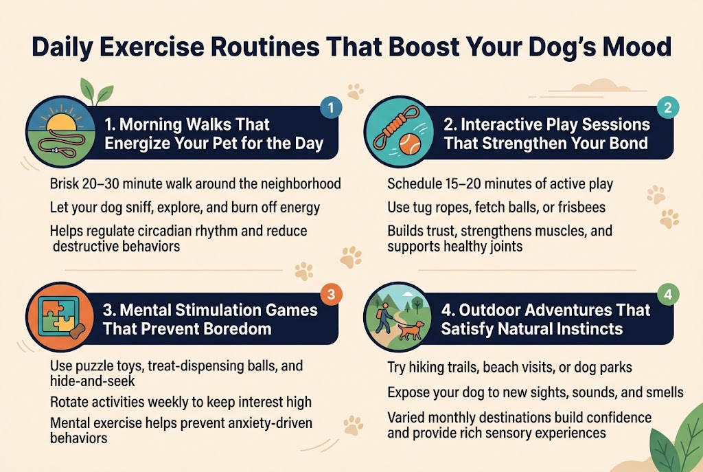 Create a clean, professional full-bleed infographic in a 3:2 aspect ratio with a light warm background, modern flat vector style, and a clear visual hierarchy. Use bold dark navy headline text at the top centered across the width: "Daily Exercise Routines That Boost Your Dog's Mood". Place four wide horizontal content blocks in a 2x2 grid beneath the title, each with a colored circular icon on the left, a bold subheading, and 2โ3 short lines of body text. Use friendly dog-themed colors: navy, teal, orange, and green, with simple paw-print accents and subtle motion lines. Use legible sans-serif fonts, bold for headings and regular for body text.Top block left: a sunrise and leash icon, heading "Morning Walks That Energize Your Pet for the Day", body text: "Brisk 20โ30 minute walk around the neighborhood", "Let your dog sniff, explore, and burn off energy", "Helps regulate circadian rhythm and reduce destructive behaviors".Top block right: a tug toy and fetch ball icon, heading "Interactive Play Sessions That Strengthen Your Bond", body text: "Schedule 15โ20 minutes of active play", "Use tug ropes, fetch balls, or frisbees", "Builds trust, strengthens muscles, and supports healthy joints".Bottom block left: a puzzle toy and treat icon, heading "Mental Stimulation Games That Prevent Boredom", body text: "Use puzzle toys, treat-dispensing balls, and hide-and-seek", "Rotate activities weekly to keep interest high", "Mental exercise helps prevent anxiety-driven behaviors".Bottom block right: a hiking trail and dog park icon, heading "Outdoor Adventures That Satisfy Natural Instincts", body text: "Try hiking trails, beach visits, or dog parks", "Expose your dog to new sights, sounds, and smells", "Varied monthly destinations build confidence and provide rich sensory experiences".Add small numbered markers 1, 2, 3, 4 in colored circles beside each section title. Include subtle decorative elements like leaves, paw prints, and a faint horizon line, but keep the layout clean and uncluttered. Make all text crisp and fully readable.