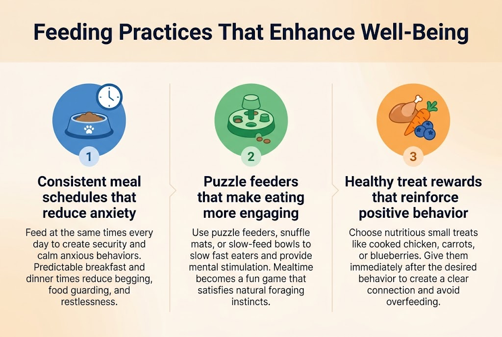 Create a clean, professional full-bleed infographic in a 3:2 aspect ratio with a light warm background, subtle soft gradients, and a modern veterinary-friendly style. Place a bold top heading centered across the upper band in dark navy sans-serif text: "Feeding Practices That Enhance Well-Being". Use a wide horizontal layout with three evenly spaced content blocks across the page, each with a colored circular icon at the top, a numbered label, a bold subheading, and a short body text paragraph.Left block: place a blue circular icon of a dog bowl with a small clock above the number "1" in a small rounded badge. Subheading text: "Consistent meal schedules that reduce anxiety". Body text: "Feed at the same times every day to create security and calm anxious behaviors. Predictable breakfast and dinner times reduce begging, food guarding, and restlessness."Center block: place a green circular icon of a puzzle feeder or treat-dispensing toy above the number "2" in a small rounded badge. Subheading text: "Puzzle feeders that make eating more engaging". Body text: "Use puzzle feeders, snuffle mats, or slow-feed bowls to slow fast eaters and provide mental stimulation. Mealtime becomes a fun game that satisfies natural foraging instincts."Right block: place an orange circular icon of healthy treats like chicken, carrot, and blueberries above the number "3" in a small rounded badge. Subheading text: "Healthy treat rewards that reinforce positive behavior". Body text: "Choose nutritious small treats like cooked chicken, carrots, or blueberries. Give them immediately after the desired behavior to create a clear connection and avoid overfeeding."Use clean dividers or subtle arrows between blocks, balanced spacing, crisp typography, and strong visual hierarchy. Make the section headings darker and larger than the body text. Keep the overall layout wide, airy, and readable with professional flat vector illustration elements.