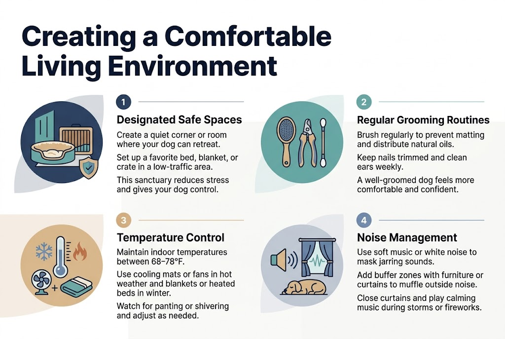 Create a clean professional infographic in a 3:2 aspect ratio, full-bleed layout with no border or frame, using a wide horizontal composition with four clearly separated sections across the page. Top area: bold large heading centered-left in dark navy text, exact title: "Creating a Comfortable Living Environment". Use a modern sans-serif font, strong hierarchy, soft pet-friendly palette of navy, teal, warm beige, light gray, and muted blue accents.Below the title, arrange four horizontal or two-by-two blocks with ample spacing, each block containing a colored circular icon, a numbered label, a bold subheading, and 2โ3 short lines of body text. Use simple flat vector icons and clean dividers.Section 1 on the left: icon of a cozy dog bed and crate in a quiet corner, with a small shield symbol. Number label "1". Subheading in bold: "Designated Safe Spaces". Body text: "Create a quiet corner or room where your dog can retreat." "Set up a favorite bed, blanket, or crate in a low-traffic area." "This sanctuary reduces stress and gives your dog control."Section 2 on the upper right: icon of a brush, nail clipper, and ear-cleaning swab. Number label "2". Subheading in bold: "Regular Grooming Routines". Body text: "Brush regularly to prevent matting and distribute natural oils." "Keep nails trimmed and clean ears weekly." "A well-groomed dog feels more comfortable and confident."Section 3 on the lower left: icon of a thermometer with cool and warm symbols, plus a fan and blanket. Number label "3". Subheading in bold: "Temperature Control". Body text: "Maintain indoor temperatures between 68โ78ยฐF." "Use cooling mats or fans in hot weather and blankets or heated beds in winter." "Watch for panting or shivering and adjust as needed."Section 4 on the lower right: icon of a speaker with a soundwave, curtains, and a calm dog resting. Number label "4". Subheading in bold: "Noise Management". Body text: "Use soft music or white noise to mask jarring sounds." "Add buffer zones with furniture or curtains to muffle outside noise." "Close curtains and play calming music during storms or fireworks."Use subtle background shapes to separate each section, with icons aligned to the left of each block, text aligned neatly to the right. Keep the design airy, balanced, and easy to scan, with crisp readable typography and modern infographic styling.