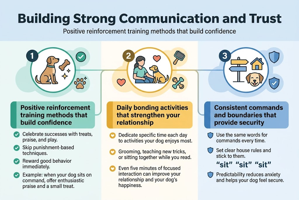 Create a clean professional infographic in a 3:2 landscape aspect ratio, full-bleed background with no poster frame, using a modern sans-serif font and a friendly pet-care color palette of soft blue, teal, warm yellow, and white with dark charcoal text.Top header across the full width: bold title text, large and centered near the top reading "Building Strong Communication and Trust". Add a small subtitle directly beneath in smaller text: "Positive reinforcement training methods that build confidence".Below the header, arrange three wide horizontal content blocks across the page in a balanced multi-column layout with clear spacing, not a narrow vertical stack.Left section:A numbered block labeled "1" with a circular icon of a dog sitting, a treat, and a sparkling paw. Heading text: "Positive reinforcement training methods that build confidence". Body text in short readable lines: "Celebrate successes with treats, praise, and play." "Skip punishment-based techniques." "Reward good behavior immediately." "Example: when your dog sits on command, offer enthusiastic praise and a small treat." Use a green accent bar and checkmark symbols.Center section:A numbered block labeled "2" with a circular icon of a person and dog spending time together, plus grooming brush and toy symbols. Heading text: "Daily bonding activities that strengthen your relationship". Body text: "Dedicate specific time each day to activities your dog enjoys most." "Grooming, teaching new tricks, or sitting together while you read." "Even five minutes of focused interaction can improve your relationship and your dog's happiness." Use a warm yellow accent bar and heart symbols.Right section:A numbered block labeled "3" with a circular icon of a signpost, a house, and a dog with a calm expression. Heading text: "Consistent commands and boundaries that provide security". Body text: "Use the same words for commands every time." "Set clear house rules and stick to them." "Predictability reduces anxiety and helps your dog feel secure." Include a visual example line: "sit" "sit" "sit" shown in consistent quotation marks. Use a blue accent bar and shield symbols.Add subtle connecting lines or soft background shapes linking the three sections to suggest harmony and trust. Keep the layout airy, polished, and easy to read, with bold headings, smaller body text, and strong visual hierarchy.