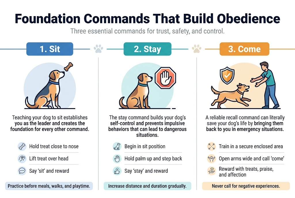 Create a clean, professional full-bleed infographic in a 3:2 aspect ratio about dog training basics. Use a wide horizontal layout with three equal side-by-side sections across the center, each with a colored header bar, a large icon, and short instructional text. Style: modern vector illustration, crisp lines, soft gradients, white background with blue, teal, and warm orange accents, bold sans-serif typography, clear visual hierarchy.Top across the full width: large bold heading in dark navy text, "Foundation Commands That Build Obedience". Add a small subtitle beneath in lighter gray text, "Three essential commands for trust, safety, and control."Left section: title bar in blue with white text, "1. Sit". Large icon of a dog sitting with a treat held above its nose. Include short body text in dark gray:"Teaching your dog to sit establishes you as the leader and creates the foundation for every other command."Use 3 small step bullets with simple icons:"Hold treat close to nose""Lift treat over head""Say 'sit' and reward"Add a small bottom note in a highlighted strip: "Practice before meals, walks, and playtime."Center section: title bar in teal with white text, "2. Stay". Large icon of a dog sitting with a raised stop-hand symbol. Include short body text in dark gray:"The stay command builds your dog's self-control and prevents impulsive behaviors that can lead to dangerous situations."Use 3 small step bullets:"Begin in sit position""Hold palm up and step back""Say 'stay' and reward"Add a small bottom note in a highlighted strip: "Increase distance and duration gradually."Right section: title bar in orange with white text, "3. Come". Large icon of a dog running toward an open-armed owner, with a safety shield symbol nearby. Include short body text in dark gray:"A reliable recall command can literally save your dog's life by bringing them back to you in emergency situations."Use 3 small step bullets:"Train in a secure enclosed area""Open arms wide and call 'come'""Reward with treats, praise, and affection"Add a small bottom note in a highlighted strip: "Never call for negative experiences."Use small numbered markers 1, 2, 3 on each section header. Add subtle paw-print accents and thin divider lines between sections. Keep all text fully readable and evenly spaced, with no clutter.