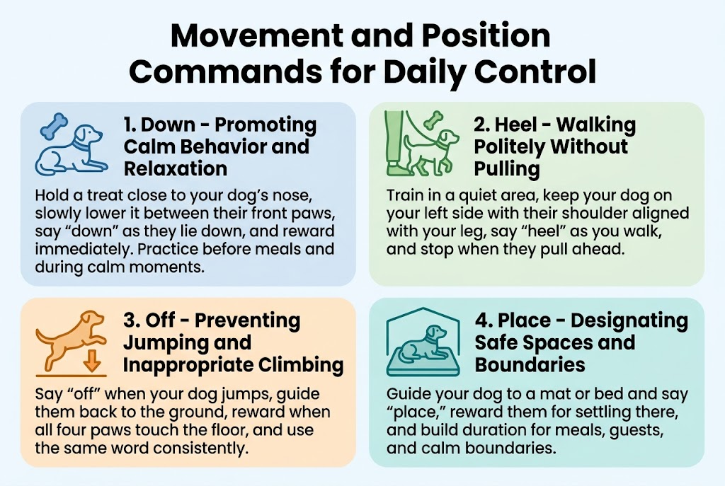 Create a full-bleed 3:2 landscape infographic with a clean modern veterinary training style, white background with soft blue, green, and warm orange accents, bold sans-serif fonts, clear visual hierarchy, and no frame or poster border. Place a large bold title across the top center: “Movement and Position Commands for Daily Control”. Under the title, arrange four wide rounded rectangular sections in a 2x2 grid, each with a colored icon on the left, a bold command heading, and short instructional text.Section 1 at top left: a calm dog lying down beside a treat icon. Heading: “Down - Promoting Calm Behavior and Relaxation”. Add compact body text: “Hold a treat close to your dog’s nose, slowly lower it between their front paws, say “down” as they lie down, and reward immediately. Practice before meals and during calm moments.”Section 2 at top right: a dog walking politely beside a human leg with a leash and treat icon. Heading: “Heel - Walking Politely Without Pulling”. Add compact body text: “Train in a quiet area, keep your dog on your left side with their shoulder aligned with your leg, say “heel” as you walk, and stop when they pull ahead.”Section 3 at bottom left: a jumping dog with a downward arrow and floor icon. Heading: “Off - Preventing Jumping and Inappropriate Climbing”. Add compact body text: “Say “off” when your dog jumps, guide them back to the ground, reward when all four paws touch the floor, and use the same word consistently.”Section 4 at bottom right: a dog resting on a mat or bed inside a designated space icon. Heading: “Place - Designating Safe Spaces and Boundaries”. Add compact body text: “Guide your dog to a mat or bed and say “place,” reward them for settling there, and build duration for meals, guests, and calm boundaries.”Use distinct icon colors for each section: blue for Down, green for Heel, orange for Off, and teal for Place. Include small numbered markers 1, 2, 3, 4 at the start of each section heading. Keep spacing balanced, text highly legible, and layout wide and organized across the full canvas.