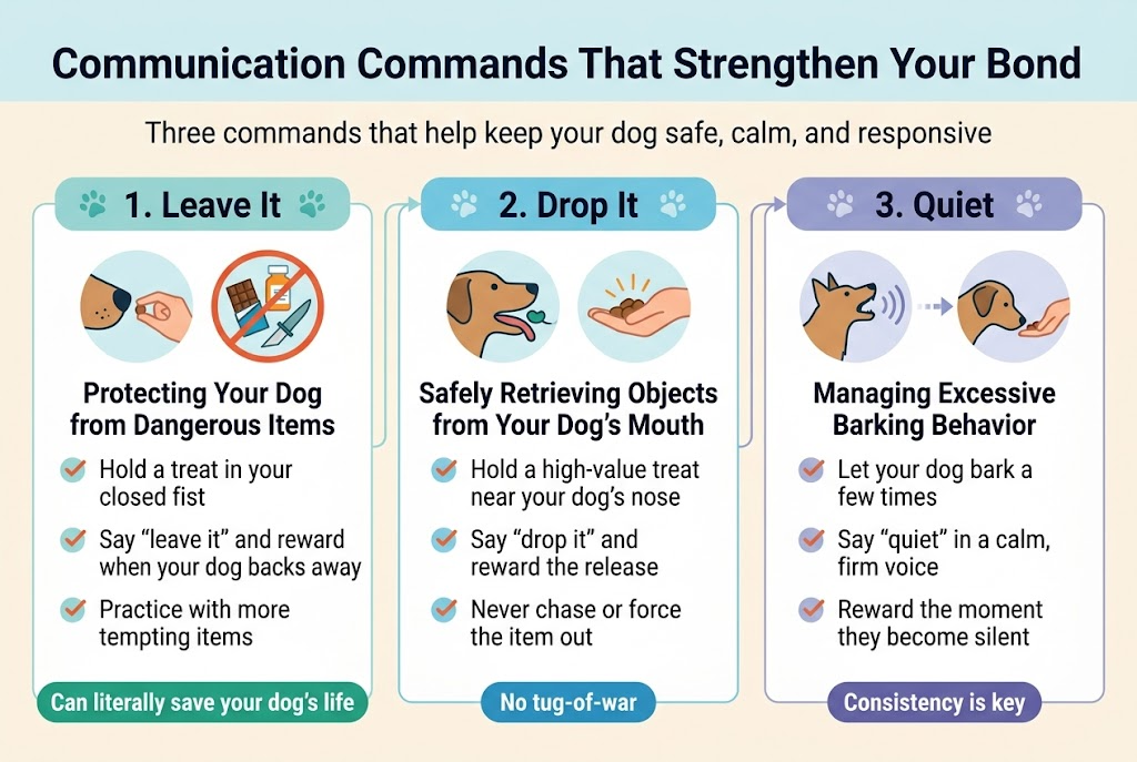 Create a clean, professional full-bleed infographic in 3:2 landscape aspect ratio with a modern veterinary/pet-training style. Use a wide horizontal layout with a bold title bar across the top, then three equal side-by-side content panels beneath it. Background in soft warm white with light blue and teal accents, dark navy text, and orange highlight details. Use clear sans-serif fonts, strong visual hierarchy, and simple flat vector icons.Top center large bold heading text: “Communication Commands That Strengthen Your Bond”Under the title, place a short subtitle line in smaller text: “Three commands that help keep your dog safe, calm, and responsive”Left panel:- Section heading at top: “1. Leave It”- Small circular icon: a dog nose near a hand holding a treat, with a red circle-slash over a chocolate bar, pill bottle, and sharp item- Subheading text: “Protecting Your Dog from Dangerous Items”- Three short bullet-style steps with small check icons: “Hold a treat in your closed fist” “Say ‘leave it’ and reward when your dog backs away” “Practice with more tempting items”- Bottom callout strip in green: “Can literally save your dog’s life”Center panel:- Section heading at top: “2. Drop It”- Small circular icon: a dog mouth releasing a toy next to a hand offering a high-value treat- Subheading text: “Safely Retrieving Objects from Your Dog’s Mouth”- Three short bullet-style steps with small check icons: “Hold a high-value treat near your dog’s nose” “Say ‘drop it’ and reward the release” “Never chase or force the item out”- Bottom callout strip in blue: “No tug-of-war”Right panel:- Section heading at top: “3. Quiet”- Small circular icon: a barking dog with sound waves fading into a calm dog sniffing a treat- Subheading text: “Managing Excessive Barking Behavior”- Three short bullet-style steps with small check icons: “Let your dog bark a few times” “Say ‘quiet’ in a calm, firm voice” “Reward the moment they become silent”- Bottom callout strip in purple: “Consistency is key”Add subtle connecting lines or arrows between the three panels to show they are part of one training guide. Use small paw print accents near section headers. Keep the layout spacious, balanced, and highly readable. No border frame, no poster mockup, no 3D effects. All text must be exactly as written above.