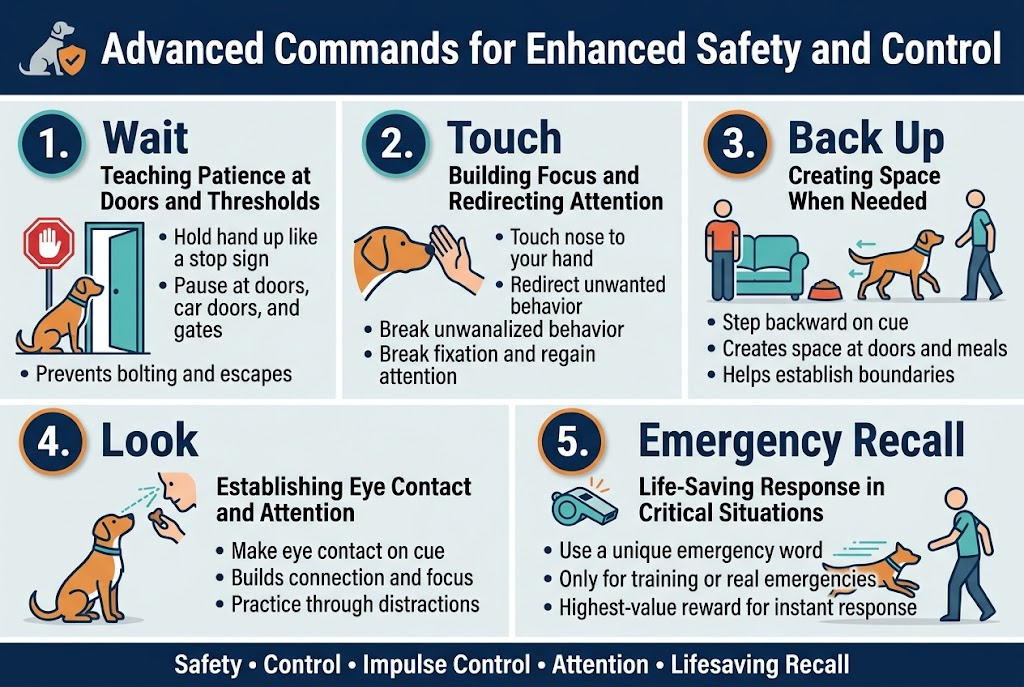 Full-bleed professional infographic, aspect ratio 3:2, clean modern dog-training style, bright but restrained palette of navy blue, teal, orange, white, and light gray, bold sans-serif typography, crisp vector illustrations, subtle shadowing, no frame, no inset border. Top banner across full width with large bold title text: "Advanced Commands for Enhanced Safety and Control". Add a small dog silhouette + shield icon beside the title.Arrange five wide horizontal content sections in a 2-row layout with three sections on top row and two larger sections on bottom row, using clear numbered badges and matching icons.Section 1, top left: "1. Wait" with subtitle "Teaching Patience at Doors and Thresholds". Include an icon of a dog at an open doorway with a red stop-hand sign. Add short bullets:"Hold hand up like a stop sign""Pause at doors, car doors, and gates""Prevents bolting and escapes"Section 2, top center: "2. Touch" with subtitle "Building Focus and Redirecting Attention". Include an icon of a dog nose touching an outstretched palm. Add short bullets:"Touch nose to your hand""Redirect unwanted behavior""Break fixation and regain attention"Section 3, top right: "3. Back Up" with subtitle "Creating Space When Needed". Include an icon of a dog stepping backward from a person near a couch or feeding bowl. Add short bullets:"Step backward on cue""Creates space at doors and meals""Helps establish boundaries"Section 4, bottom left, wider block: "4. Look" with subtitle "Establishing Eye Contact and Attention". Include an icon of a dog looking up at a treat near the trainer’s eyes, with eye-contact highlight lines. Add short bullets:"Make eye contact on cue""Builds connection and focus""Practice through distractions"Section 5, bottom right, wider block: "5. Emergency Recall" with subtitle "Life-Saving Response in Critical Situations". Include an icon of a whistle and a dog sprinting toward a trainer with motion lines. Add short bullets:"Use a unique emergency word""Only for training or real emergencies""Highest-value reward for instant response"Add a thin footer strip across the bottom with a small summary line in bold: "Safety • Control • Impulse Control • Attention • Lifesaving Recall". Use clear section dividers, consistent icon style, balanced spacing, and wide readable text blocks.