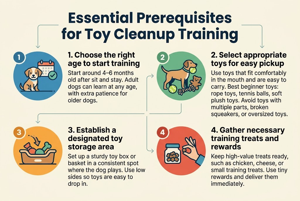 Create a clean, professional full-bleed infographic illustration in a 3:2 aspect ratio with a light cream background, teal and navy accents, warm orange highlights, and modern sans-serif typography. Place a bold, large heading across the top center: "Essential Prerequisites for Toy Cleanup Training". Use a wide horizontal layout with four clearly separated numbered sections arranged in a 2x2 grid across the center and lower area, with simple flat vector icons in each section.Section 1 on the upper left: a blue circular icon of a puppy beside a small calendar and a checkmark. Include the heading text: "1. Choose the right age to start training" and smaller body text: "Start around 4โ6 months old after sit and stay. Adult dogs can learn at any age, with extra patience for older dogs."Section 2 on the upper right: a green circular icon showing a dog carrying a tennis ball, rope toy, and plush toy. Include the heading text: "2. Select appropriate toys for easy pickup" and smaller body text: "Use toys that fit comfortably in the mouth and are easy to carry. Best beginner toys: rope toys, tennis balls, soft plush toys. Avoid toys with multiple parts, broken squeakers, or oversized toys."Section 3 on the lower left: an orange circular icon of a low toy basket or toy box at dog height with a toy being dropped in. Include the heading text: "3. Establish a designated toy storage area" and smaller body text: "Set up a sturdy toy box or basket in a consistent spot where the dog plays. Use low sides so toys are easy to drop in."Section 4 on the lower right: a red circular icon of training treats in a small container and a hand reward gesture. Include the heading text: "4. Gather necessary training treats and rewards" and smaller body text: "Keep high-value treats ready, such as chicken, cheese, or small training treats. Use tiny rewards and deliver them immediately."Add thin connecting lines or subtle arrows guiding the eye from the title to the four sections. Use clear iconography, high contrast text, generous spacing, and aligned edges. Include small numbered badges 1, 2, 3, 4 for each section. Make the design balanced, readable, and visually engaging with no extra text beyond the title and section copy.
