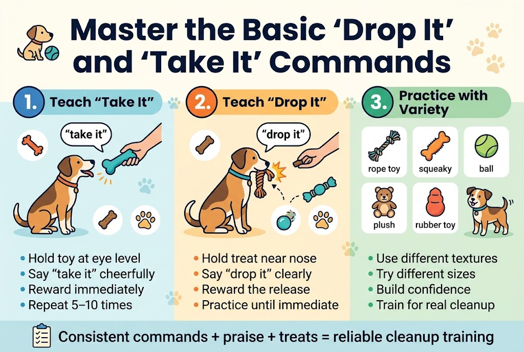 Create a clean professional pet-training infographic in a full-bleed 3:2 landscape layout with a bright friendly color palette of teal, orange, navy, white, and soft yellow. Use modern sans-serif fonts with a bold title at the top and clear section headers. Top header text: โMaster the Basic โDrop Itโ and โTake Itโ Commandsโ in large bold navy lettering, with a small dog-and-toy icon beside it.Below the title, arrange three wide horizontal sections across the page in a 3-column layout with numbered badges and clear illustrations:LEFT SECTION, labeled โ1. Teach โTake Itโโ, show a dog at eye level reaching for a favorite toy held by a hand. Include a cheerful speech bubble with the text โtake itโ. Add small visual icons for a toy, a treat, and praise. Include short bullet text: โHold toy at eye levelโ, โSay โtake itโ cheerfullyโ, โReward immediatelyโ, โRepeat 5โ10 timesโ. Use a blue circular number badge with โ1โ.CENTER SECTION, labeled โ2. Teach โDrop Itโโ, show a dog holding a toy while a hand presents a treat near the nose. Include a speech bubble with the text โdrop itโ and a reward burst near the released toy. Add icons for a treat, released toy, and praise. Include short bullet text: โHold treat near noseโ, โSay โdrop itโ clearlyโ, โReward the releaseโ, โPractice until immediateโ. Use an orange circular number badge with โ2โ.RIGHT SECTION, labeled โ3. Practice with Varietyโ, show five different toy icons arranged in a neat grid: rope toy, squeaky toy, ball, plush animal, and rubber toy. Include a small dog beside the toys with an encouraging pose. Add short bullet text: โUse different texturesโ, โTry different sizesโ, โBuild confidenceโ, โTrain for real cleanupโ. Use a green circular number badge with โ3โ.Add a thin bottom banner with a simple checklist icon and the text: โConsistent commands + praise + treats = reliable cleanup trainingโ. Use subtle paw-print accents and clean spacing, with each section separated by soft dividers. Keep all text crisp, readable, and exactly spelled as shown.