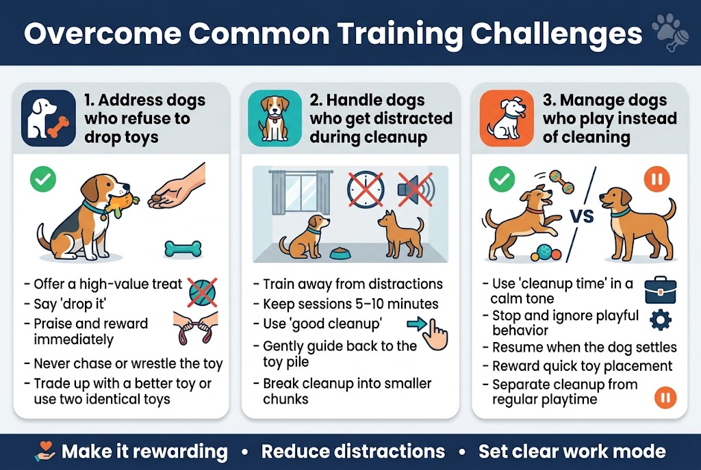 Create a clean professional infographic in a 3:2 aspect ratio, full-bleed layout with no frame and no large empty margins. Use a bright, friendly dog-training style with navy blue, teal, orange, and white, with light gray section backgrounds and bold accent icons. Use a modern sans-serif font, strong visual hierarchy, and wide horizontal sections rather than a vertical stack.Top header across the full width: large bold title text, centered or slightly left-aligned, reading "Overcome Common Training Challenges" with a subtle paw-print and toy icon beside it.Below the header, organize the content into three wide side-by-side or staggered horizontal sections with numbered labels and clear icons:1) Left section with a dog and toy icon, heading text: "1. Address dogs who refuse to drop toys"Include a small visual of a dog holding a squeaky toy and a hand offering a treat near the nose. Add short bullet-style text:- "Offer a high-value treat"- "Say 'drop it'"- "Praise and reward immediately"- "Never chase or wrestle the toy"- "Trade up with a better toy or use two identical toys"Use a green checkmark icon for the correct behaviors and a red crossed-out tug-of-war icon for the wrong behavior.2) Center section with a focused dog icon, heading text: "2. Handle dogs who get distracted during cleanup"Show a calm training area with no window distractions, no other pets, and minimal background noise symbols crossed out. Include short bullet-style text:- "Train away from distractions"- "Keep sessions 5โ10 minutes"- "Use 'good cleanup'"- "Gently guide back to the toy pile"- "Break cleanup into smaller chunks"Use a clock icon for session length and a directional hand/arrow icon for redirecting attention.3) Right section with a playful dog icon, heading text: "3. Manage dogs who play instead of cleaning"Show a dog playfully tossing toys versus a calm โwork modeโ stance. Include short bullet-style text:- "Use 'cleanup time' in a calm tone"- "Stop and ignore playful behavior"- "Resume when the dog settles"- "Reward quick toy placement"- "Separate cleanup from regular playtime"Use a briefcase or gear icon for work mode and a small pause icon for stopping play.Add a bottom horizontal callout bar spanning the width with a simple three-step summary and small icons:"Make it rewarding" โข "Reduce distractions" โข "Set clear work mode"Keep all text crisp, legible, and exactly as written. Use rounded section cards, subtle shadows, and tidy spacing. No people, no realistic photography, no watermark.
