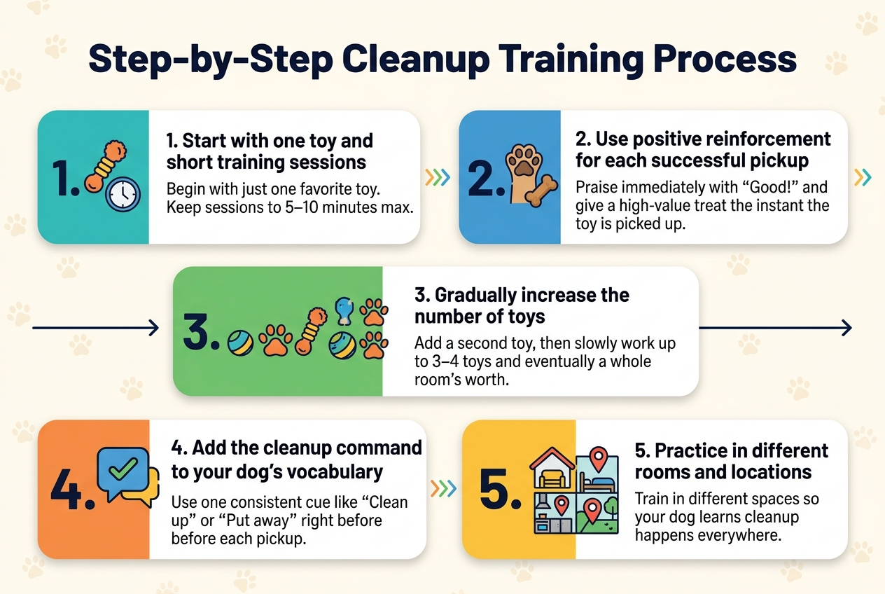 Create a clean professional infographic illustration in a 3:2 landscape full-bleed layout with a modern flat design, bright dog-friendly colors, and clear visual hierarchy. Use a bold dark navy headline at the top center: "Step-by-Step Cleanup Training Process". Place a subtle paw-print pattern in the background, with white/light cream canvas and accent colors of teal, blue, green, orange, and yellow.Arrange the content in five wide horizontal numbered sections across the page, using connected arrows or a left-to-right progression line. Each section should include a large number, a simple icon, a short bold subheading, and 1โ2 lines of body text. Use rounded rectangles with soft shadows and clean sans-serif typography.Section 1 on the far left: a toy icon and clock icon. Subheading text: "1. Start with one toy and short training sessions". Body text: "Begin with just one favorite toy. Keep sessions to 5โ10 minutes max."Section 2 next: a dog paw + treat icon. Subheading text: "2. Use positive reinforcement for each successful pickup". Body text: "Praise immediately with 'Good!' and give a high-value treat the instant the toy is picked up."Section 3 center: multiple toy icons increasing from one to four. Subheading text: "3. Gradually increase the number of toys". Body text: "Add a second toy, then slowly work up to 3โ4 toys and eventually a whole room's worth."Section 4 next: a speech bubble icon with a checkmark. Subheading text: "4. Add the cleanup command to your dog's vocabulary". Body text: "Use one consistent cue like 'Clean up' or 'Put away' right before each pickup."Section 5 on the far right: a home/room icon with location markers for living room, bedroom, kitchen, and backyard. Subheading text: "5. Practice in different rooms and locations". Body text: "Train in different spaces so your dog learns cleanup happens everywhere."Include small decorative arrows between sections, and use icons that are clear and friendly. Keep all text sharp and readable, aligned neatly inside each block. No people, no extra text, no borders outside the full-bleed composition.