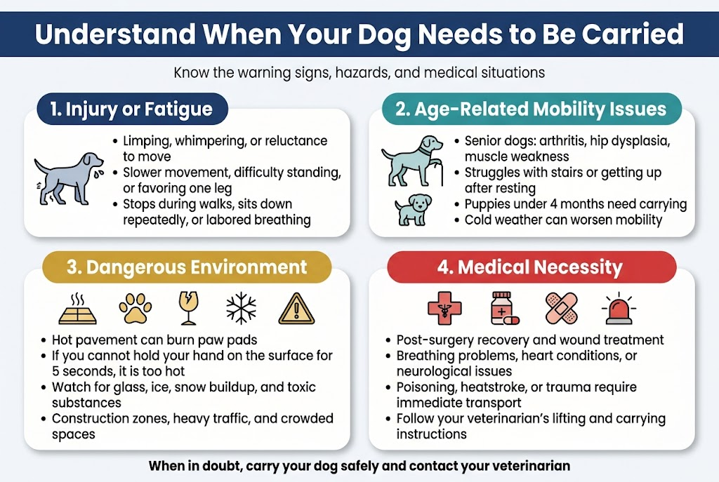 Create a clean, professional infographic in a 3:2 aspect ratio with a full-bleed layout and no poster frame. Use a wide horizontal composition with a bold top title bar, followed by four evenly spaced content sections across the page in a 2x2 grid. Modern sans-serif typography, strong visual hierarchy, white background with navy, teal, gold, and red accent colors. Include clear section icons and short readable text blocks.Top header centered across the full width:Title in large bold text: "Understand When Your Dog Needs to Be Carried"Subtle small subtitle beneath in lighter text: "Know the warning signs, hazards, and medical situations"Section 1 on upper left:Heading in bold: "1. Injury or Fatigue"Icon: a dog with a limp plus a small panting symbolInclude bullet points:โข "Limping, whimpering, or reluctance to move"โข "Slower movement, difficulty standing, or favoring one leg"โข "Stops during walks, sits down repeatedly, or labored breathing"Section 2 on upper right:Heading in bold: "2. Age-Related Mobility Issues"Icon: a senior dog with a cane-style support symbol and a puppy iconInclude bullet points:โข "Senior dogs: arthritis, hip dysplasia, muscle weakness"โข "Struggles with stairs or getting up after resting"โข "Puppies under 4 months need carrying"โข "Cold weather can worsen mobility"Section 3 on lower left:Heading in bold: "3. Dangerous Environment"Icon: a hot pavement tile, paw print, broken glass, snowflake, and traffic warning triangleInclude bullet points:โข "Hot pavement can burn paw pads"โข "If you cannot hold your hand on the surface for 5 seconds, it is too hot"โข "Watch for glass, ice, snow buildup, and toxic substances"โข "Construction zones, heavy traffic, and crowded spaces"Section 4 on lower right:Heading in bold: "4. Medical Necessity"Icon: a veterinary cross, pill bottle, bandage, and emergency sirenInclude bullet points:โข "Post-surgery recovery and wound treatment"โข "Breathing problems, heart conditions, or neurological issues"โข "Poisoning, heatstroke, or trauma require immediate transport"โข "Follow your veterinarianโs lifting and carrying instructions"Bottom footer strip across the width:Small bold reminder text: "When in doubt, carry your dog safely and contact your veterinarian"Use simple line icons, rounded section cards, subtle shadowing, and color-coded headings. Keep text crisp and legible, with balanced spacing and a clean medical-pet-care infographic style.