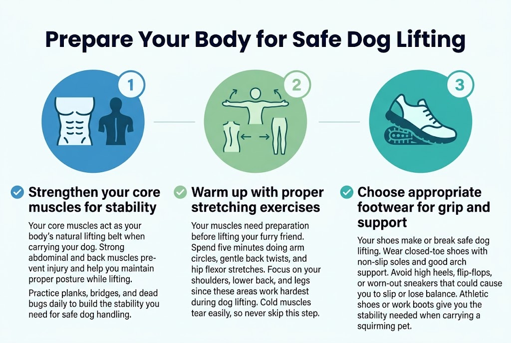 Create a clean, professional full-bleed infographic in a 3:2 aspect ratio with a modern veterinary/fitness style. Use a white background with teal, blue, and soft green accents, bold dark navy headings, and simple flat vector icons. Place a large bold title at the top center: "Prepare Your Body for Safe Dog Lifting".Below the title, arrange three wide horizontal sections across the page in a 3-column layout, each with a numbered circle, a large icon, a bold subheading, and short body text. Use clear visual hierarchy, generous spacing, and simple illustrated symbols.Left section:A blue circular icon with a strong core, abs, and back silhouette. Numbered circle "1".Bold heading: "Strengthen your core muscles for stability"Body text: "Your core muscles act as your body's natural lifting belt when carrying your dog. Strong abdominal and back muscles prevent injury and help you maintain proper posture while lifting. Practice planks, bridges, and dead bugs daily to build the stability you need for safe dog handling."Center section:A green circular icon with stretched arms, back, hips, and legs. Numbered circle "2".Bold heading: "Warm up with proper stretching exercises"Body text: "Your muscles need preparation before lifting your furry friend. Spend five minutes doing arm circles, gentle back twists, and hip flexor stretches. Focus on your shoulders, lower back, and legs since these areas work hardest during dog lifting. Cold muscles tear easily, so never skip this step."Right section:A teal circular icon with a closed-toe athletic shoe and grip sole. Numbered circle "3".Bold heading: "Choose appropriate footwear for grip and support"Body text: "Your shoes make or break safe dog lifting. Wear closed-toe shoes with non-slip soles and good arch support. Avoid high heels, flip-flops, or worn-out sneakers that could cause you to slip or lose balance. Athletic shoes or work boots give you the stability needed when carrying a squirming pet."Use small supporting checkmark icons near key phrases, and subtle divider lines between the sections. Keep the layout wide and balanced, not vertical. Make all text crisp, readable, and aligned neatly. No extra text.