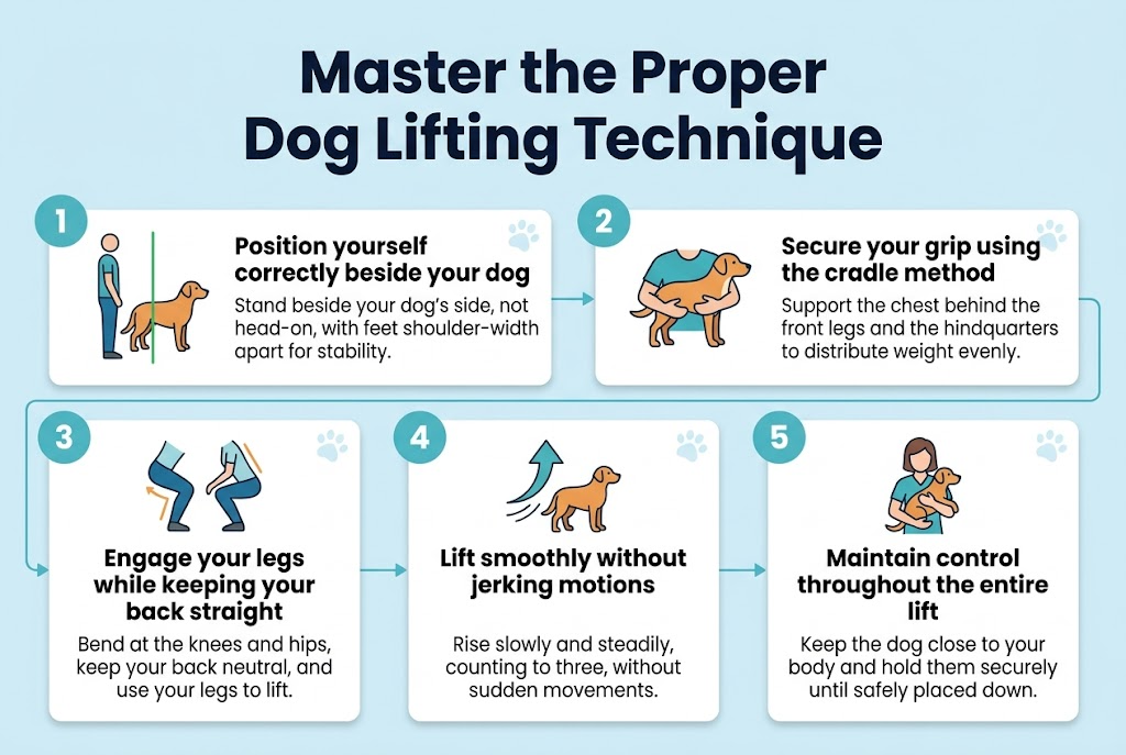 Create a clean professional infographic in a 3:2 aspect ratio, full-bleed layout with no border or inset frame. Use a bright veterinary-themed palette of soft blue, teal, white, and warm orange accents. Use modern sans-serif fonts with a bold title and clear section hierarchy.Top center: large bold heading in dark navy text, exactly: "Master the Proper Dog Lifting Technique"Below the title, arrange five wide horizontal sections across the page in a balanced two-row layout, with numbered step blocks and small illustrated icons. Each section should have a colored number circle, a simple icon, a short bold subheading, and one concise explanatory sentence. Use clean white cards with subtle shadows on a light blue background.Section 1 on the upper left:Number circle "1"Icon: a person standing beside a dog, side view, with a green alignment lineSubheading text: "Position yourself correctly beside your dog"Body text: "Stand beside your dog's side, not head-on, with feet shoulder-width apart for stability."Section 2 on the upper middle-right:Number circle "2"Icon: a cradle hold with arms supporting a dog under chest and hindquartersSubheading text: "Secure your grip using the cradle method"Body text: "Support the chest behind the front legs and the hindquarters to distribute weight evenly."Section 3 on the lower left:Number circle "3"Icon: bent knees, straight back, and a squat postureSubheading text: "Engage your legs while keeping your back straight"Body text: "Bend at the knees and hips, keep your back neutral, and use your legs to lift."Section 4 on the lower middle:Number circle "4"Icon: a smooth upward arrow with motion lines and a calm dogSubheading text: "Lift smoothly without jerking motions"Body text: "Rise slowly and steadily, counting to three, without sudden movements."Section 5 on the lower right:Number circle "5"Icon: a person holding a dog close against the torso with a secure gripSubheading text: "Maintain control throughout the entire lift"Body text: "Keep the dog close to your body and hold them securely until safely placed down."Add subtle paw-print accents and thin connector lines between sections for flow. Keep all text crisp, legible, and well spaced. Use a clean instructional infographic style with friendly dog-care visuals.