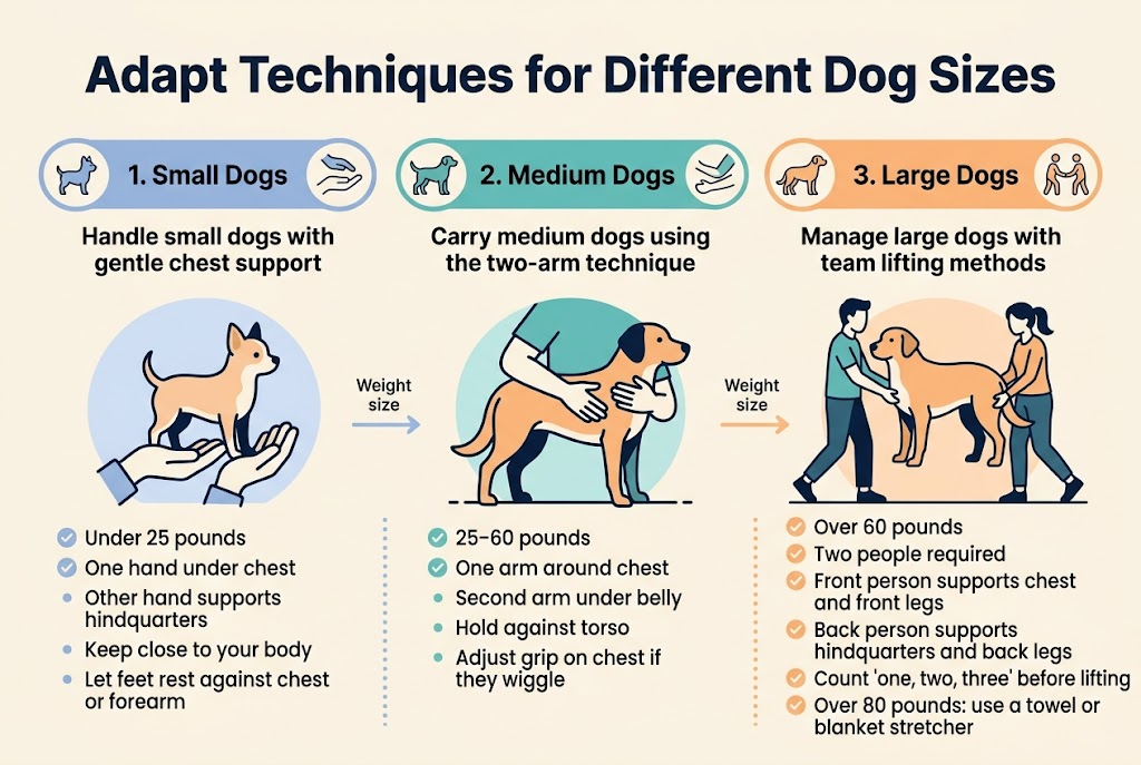 Create a clean professional infographic illustration in a 3:2 aspect ratio, full-bleed background, wide horizontal layout, no poster frame, no inset margins. Use a light cream background with navy, teal, and soft orange accents. Use bold sans-serif typography with strong hierarchy.Top center: large bold title in dark navy text, "Adapt Techniques for Different Dog Sizes".Below the title, arrange three wide horizontal sections across the page from left to right, each with a colored header bar, a simple icon, and a numbered label.LEFT SECTION:Header text: "1. Small Dogs"Subheader text: "Handle small dogs with gentle chest support"Include a small dog icon and a gentle hand-support icon.Place a small dog illustration above two hands supporting it.Add short bullet text:"โข Under 25 pounds""โข One hand under chest""โข Other hand supports hindquarters""โข Keep close to your body""โข Let feet rest against chest or forearm"Use soft blue accents and rounded shapes.CENTER SECTION:Header text: "2. Medium Dogs"Subheader text: "Carry medium dogs using the two-arm technique"Include a medium dog icon and a two-arm support icon.Show one arm around the chest behind the front legs and the second arm under the belly near the back legs.Add short bullet text:"โข 25โ60 pounds""โข One arm around chest""โข Second arm under belly""โข Hold against torso""โข Adjust grip on chest if they wiggle"Use teal accents and balanced, stable visual lines.RIGHT SECTION:Header text: "3. Large Dogs"Subheader text: "Manage large dogs with team lifting methods"Include a large dog icon and a two-person lifting icon.Show two people lifting a large dog together, one supporting the front end and one supporting the hindquarters.Add short bullet text:"โข Over 60 pounds""โข Two people required""โข Front person supports chest and front legs""โข Back person supports hindquarters and back legs""โข Count 'one, two, three' before lifting""โข Over 80 pounds: use a towel or blanket stretcher"Use orange accents and teamwork visuals.Add small visual markers next to each bullet point, such as check icons or dots. Include subtle arrows or weight-size labels linking the sections from small to medium to large. Keep the layout clean, spacious, modern, and highly readable. Use crisp vector-style illustrations, flat design, and clear contrast.