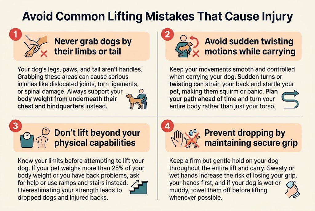Create a clean professional full-bleed infographic in 3:2 landscape format with a light cream background, navy and teal accents, soft orange warning highlights, and modern sans-serif typography. Place a bold large title across the top center: "Avoid Common Lifting Mistakes That Cause Injury". Below the title, arrange four wide horizontal content blocks in a 2x2 grid with clear spacing and subtle dividers, each block with a numbered circle, a simple icon, a bold subheading, and short body text. Use rounded rectangles, crisp lines, and balanced whitespace. Top-left block: a red warning circle with number "1" and an icon of hands near a dog limb with a red X. Subheading text: "Never grab dogs by their limbs or tail". Body text: "Your dog's legs, paws, and tail aren't handles. Grabbing these areas can cause serious injuries like dislocated joints, torn ligaments, or spinal damage. Always support your dog's body weight from underneath their chest and hindquarters instead." Include a small visual of a person supporting a dog under the chest and hips.Top-right block: a red warning circle with number "2" and an icon of a person carrying a dog with a curved twisting arrow and red X. Subheading text: "Avoid sudden twisting motions while carrying". Body text: "Keep your movements smooth and controlled when carrying your dog. Sudden turns or twisting can strain your back and startle your pet, making them squirm or panic. Plan your path ahead of time and turn your entire body rather than just your torso." Include a simple pathway arrow.Bottom-left block: a red warning circle with number "3" and an icon of a scale, back silhouette, and help symbol. Subheading text: "Don't lift beyond your physical capabilities". Body text: "Know your limits before attempting to lift your dog. If your pet weighs more than 25% of your body weight or you have back problems, ask for help or use ramps and stairs instead. Overestimating your strength leads to dropped dogs and injured backs." Show a ramp or stairs icon beside it.Bottom-right block: a red warning circle with number "4" and an icon of a secure grip with dry hands and a dog with water droplets crossed out. Subheading text: "Prevent dropping by maintaining secure grip". Body text: "Keep a firm but gentle hold on your dog throughout the entire lift and carry. Sweaty or wet hands increase the risk of losing your grip. Dry your hands first, and if your dog is wet or muddy, towel them off before lifting whenever possible." Include a towel icon and a firm-hand grip symbol.Use dark navy text for headings, charcoal body text, and red/orange warning accents. Keep the layout wide, uncluttered, and easy to scan, with consistent icon style and clear hierarchy.