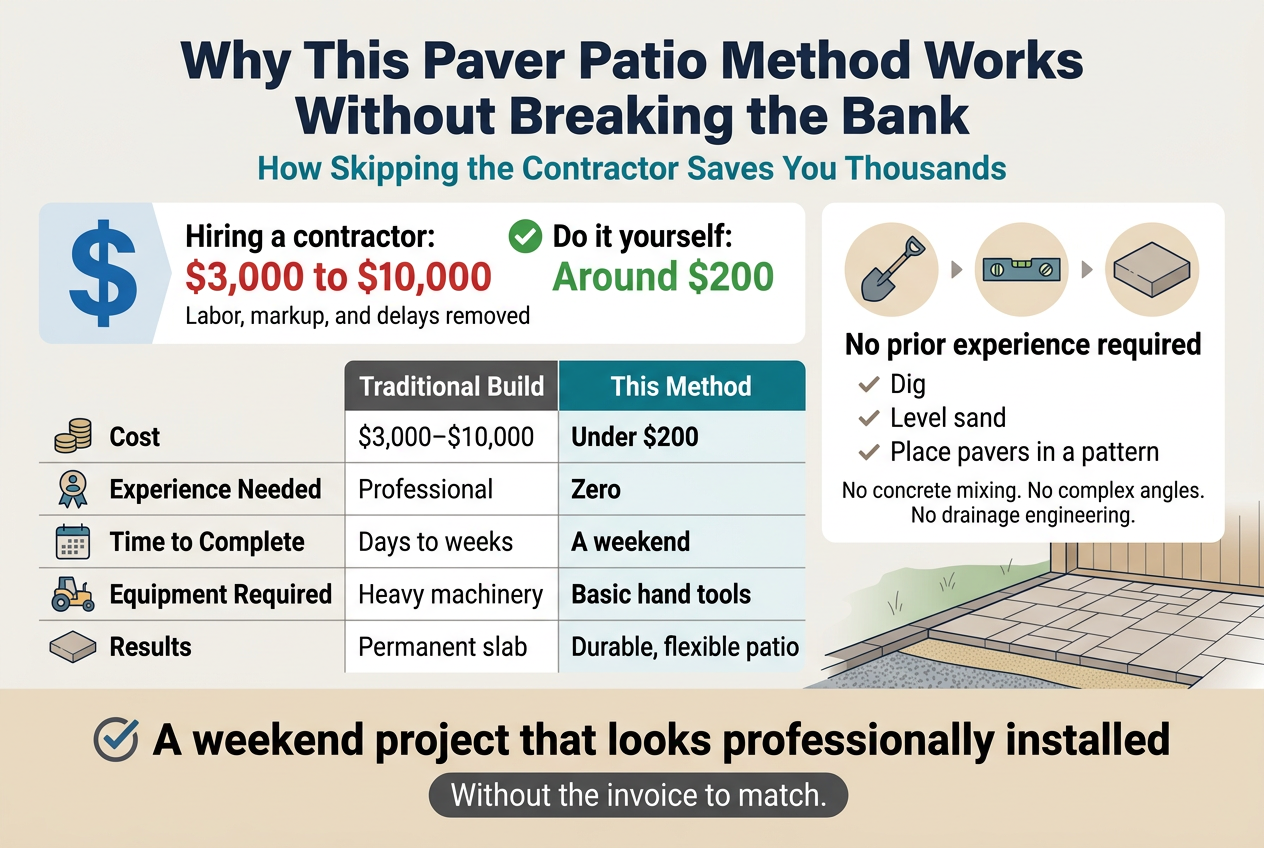 Create a clean, modern infographic in a full-bleed 3:2 landscape layout with a light neutral background, navy and teal accents, warm beige highlights, and bold sans-serif typography. Place a large bold headline across the top center in dark navy: "Why This Paver Patio Method Works Without Breaking the Bank". Add a smaller subtitle directly beneath it in teal: "How Skipping the Contractor Saves You Thousands".Divide the infographic into three wide horizontal sections with clear visual blocks and icons.Top left section: a large blue dollar-sign icon beside a cost comparison callout. Show a bold label: "Hiring a contractor:" followed by "$3,000 to $10,000" in large red numbers. Next to it, show a green check icon and bold label: "Do it yourself:" followed by "Around $200" in large green numbers. Add small supporting text beneath: "Labor, markup, and delays removed".Top right section: a simple step-by-step skill panel with three flat icons in a row: a shovel, a leveling tool, and a paver tile. Add the heading: "No prior experience required". Under it, include three short bullet points with checkmarks:"Dig""Level sand""Place pavers in a pattern"Add a short line beneath: "No concrete mixing. No complex angles. No drainage engineering."Middle section: a side-by-side comparison table with two columns and a bold header row. Left column header in dark gray: "Traditional Build". Right column header in teal: "This Method". Include five rows with clear divider lines:"Cost" | "$3,000โ$10,000" | "Under $200""Experience Needed" | "Professional" | "Zero""Time to Complete" | "Days to weeks" | "A weekend""Equipment Required" | "Heavy machinery" | "Basic hand tools""Results" | "Permanent slab" | "Durable, flexible patio"Use small matching icons beside each row: coin stack, person badge, calendar, machinery, and patio paver.Bottom wide section: a bold concluding banner with a checkmark icon and the text: "A weekend project that looks professionally installed". Beneath it, smaller text in a dark gray rounded box: "Without the invoice to match." Add a subtle illustration of neatly laid pavers on compacted gravel and sand across the lower right, with a simple backyard edge and clean patio surface. Keep the layout airy, balanced, and professional, with strong hierarchy, crisp iconography, and readable text throughout.